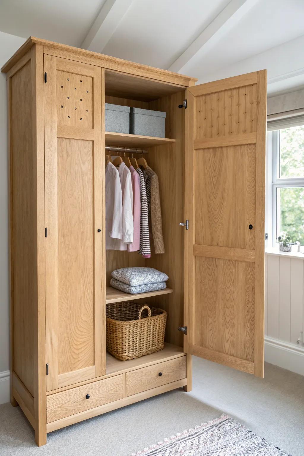 Adjustable pin‑hole shelves in warm oak keep a child’s fitted wardrobe useful for years.