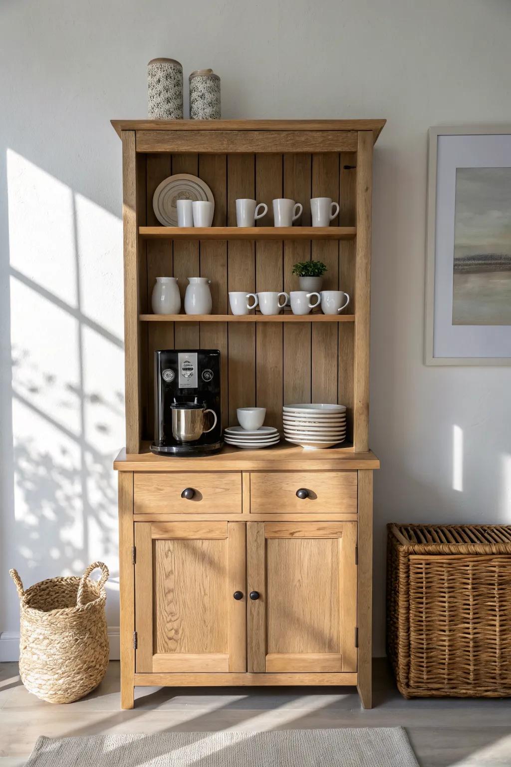 Turn a china cabinet into a calm coffee bar—mugs above, espresso below, every morning.