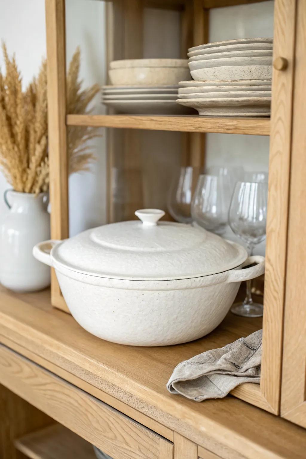 Oversized tureen centerpiece with everyday glassware for a styled‑yet‑usable china hutch.