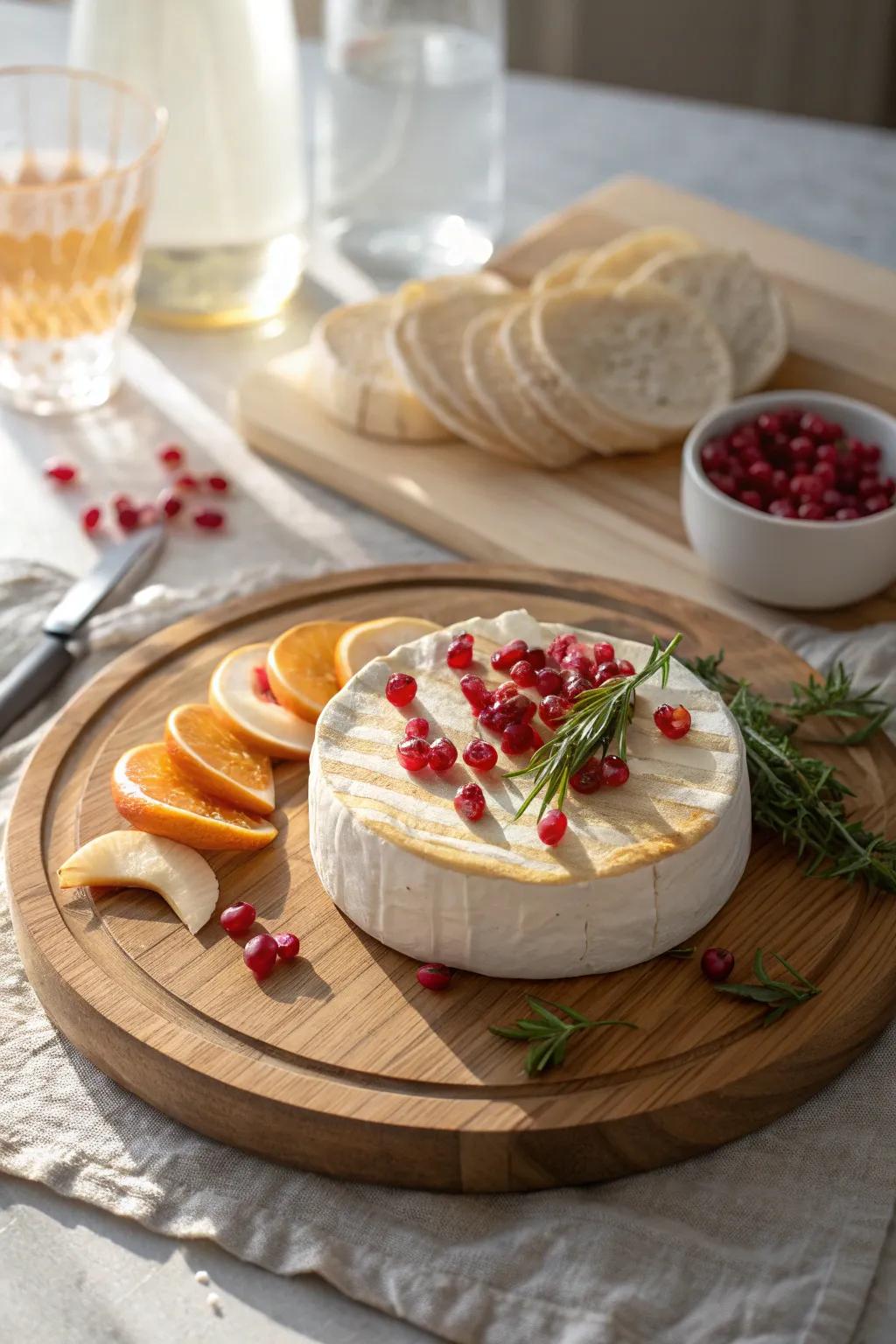 Brie wheel centerpiece with pomegranate and thin fruit slices—simple, festive, and elegant.