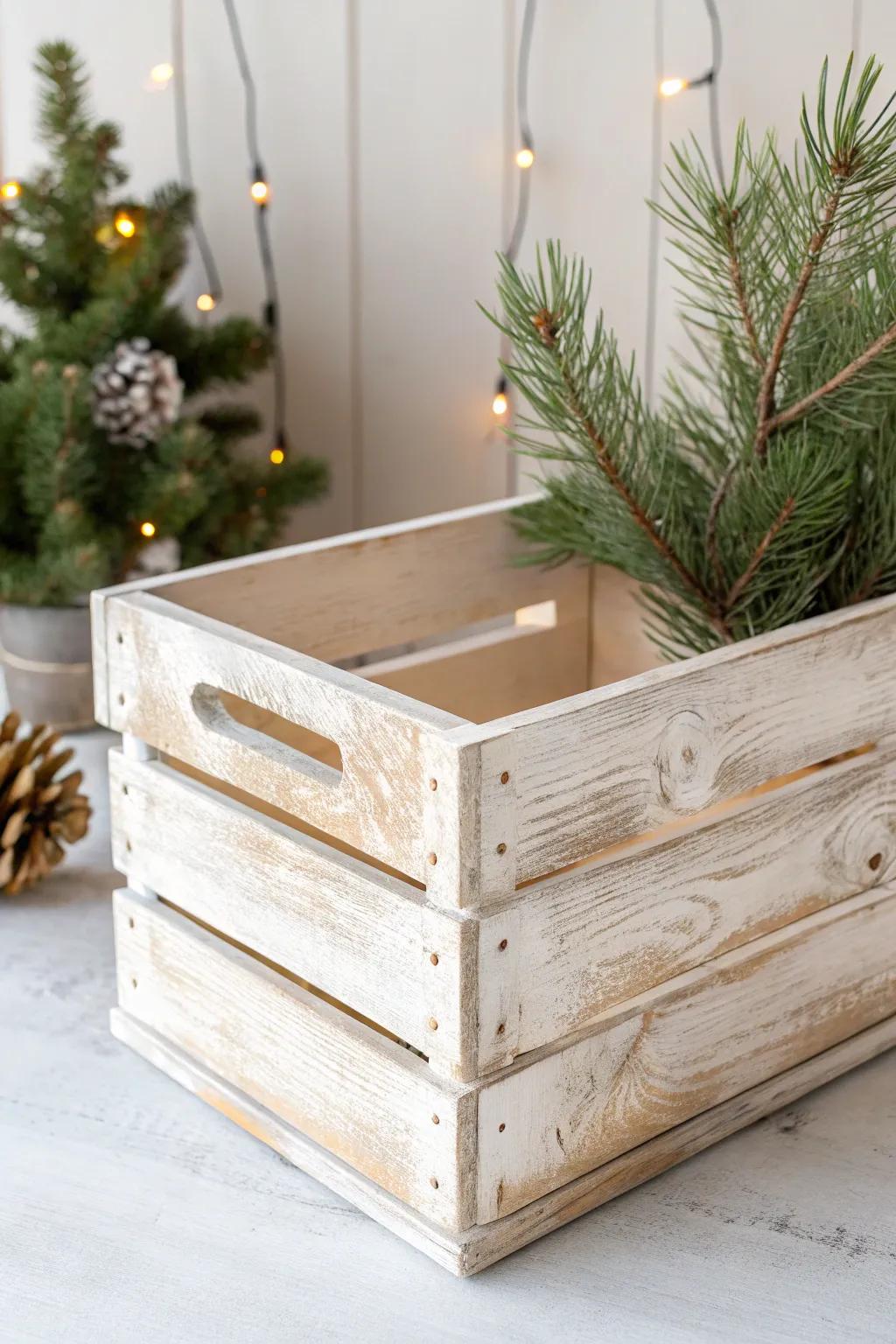 Whitewashed farmhouse crate with sanded edges—wintry, light, and beautifully handcrafted.