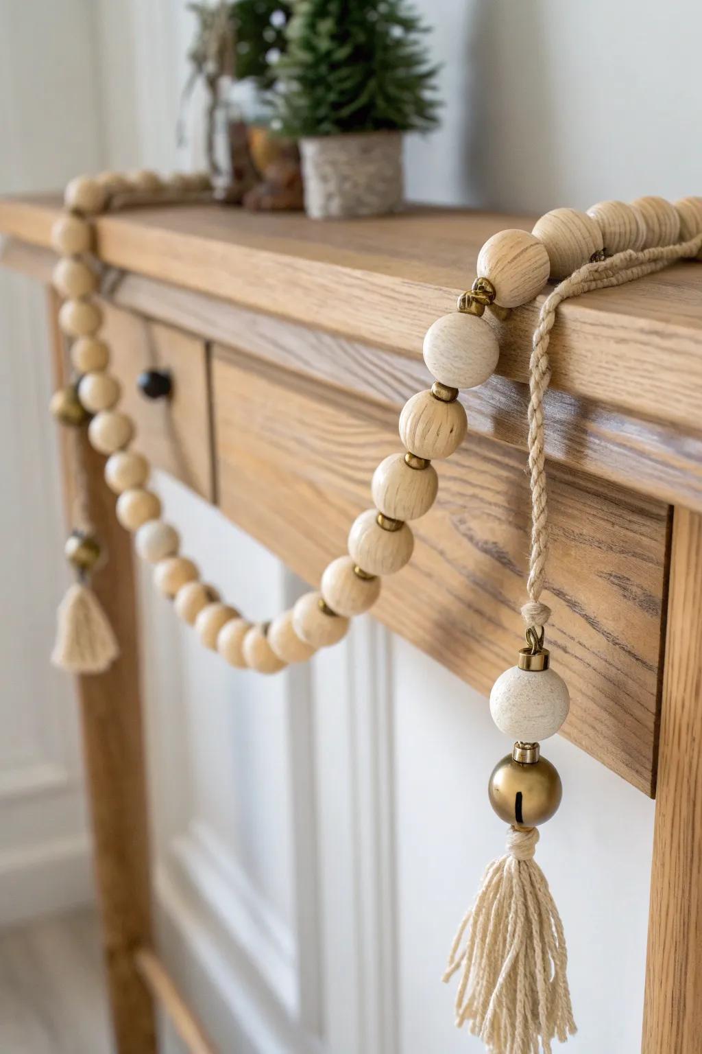 Wood bead & jingle bell garland brings cozy farmhouse charm to a minimalist Christmas entry.