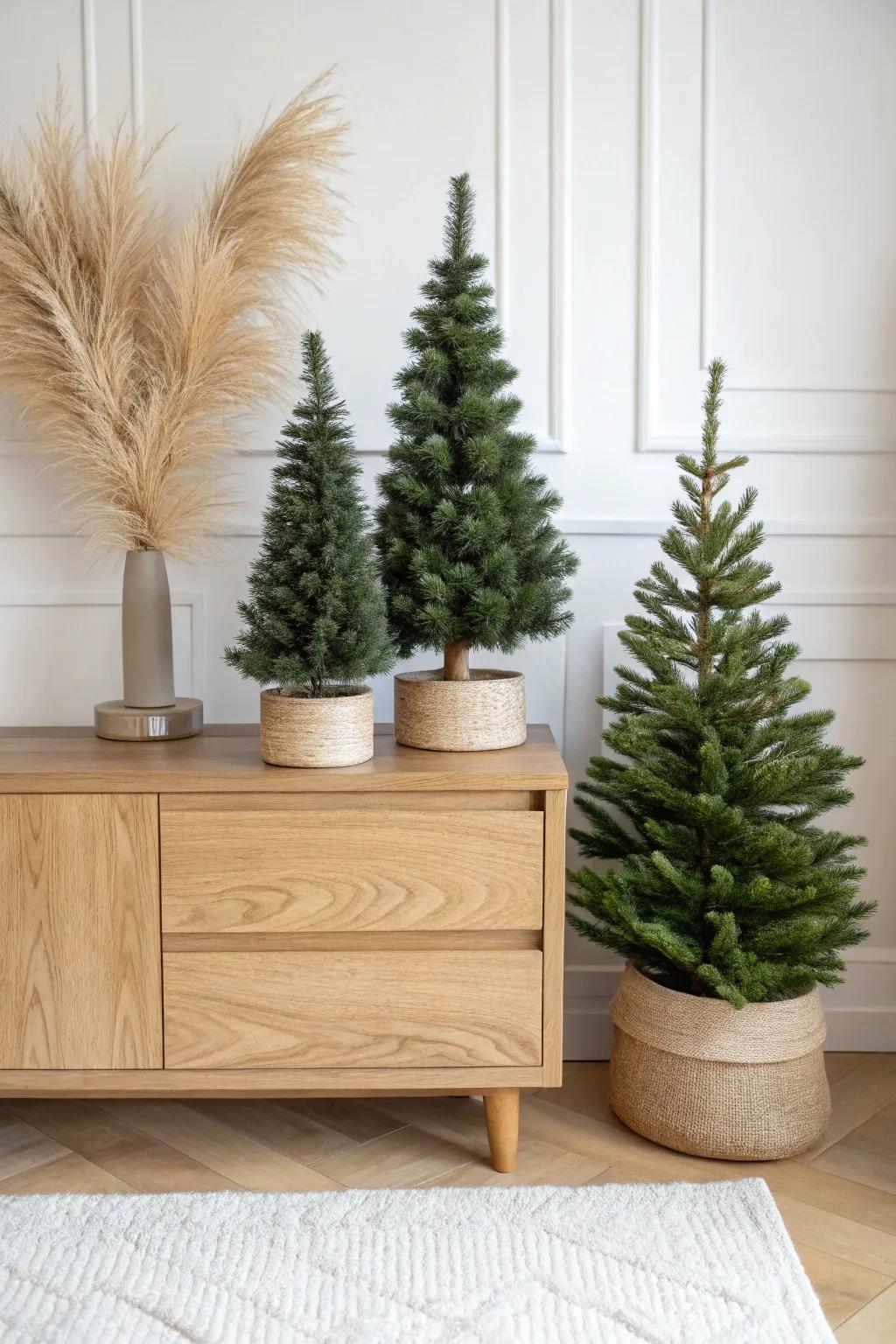 Mini trees in mixed heights on handmade wood pedestals—simple, cozy sideboard styling.