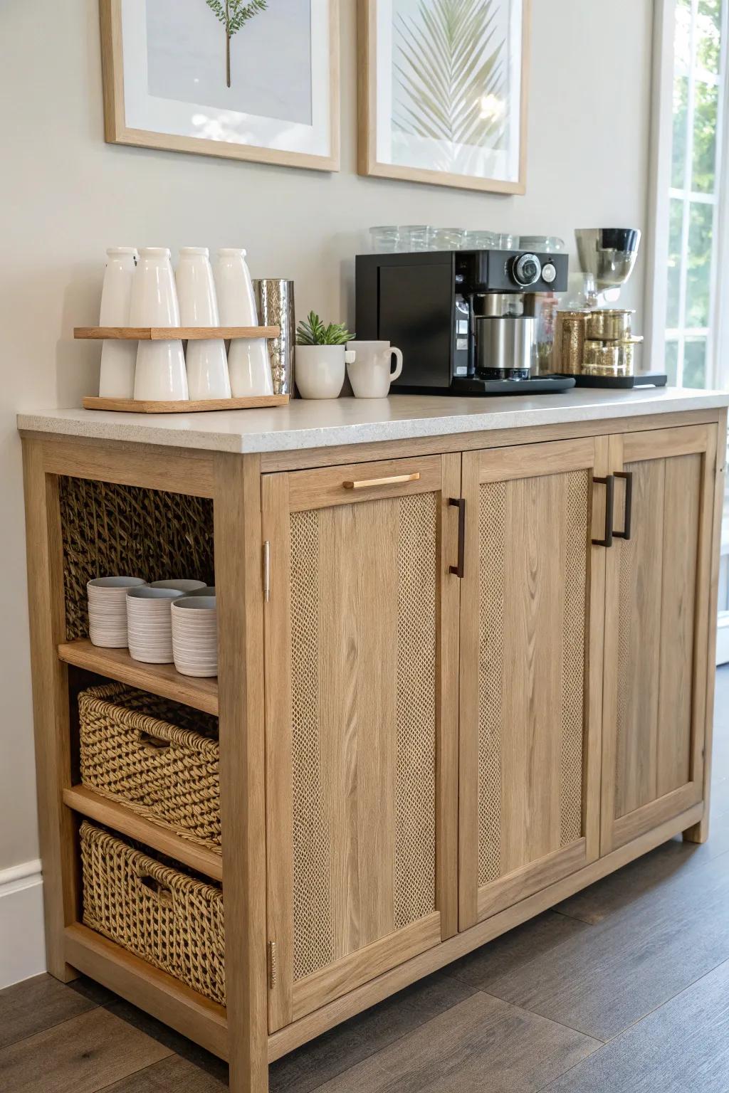 Built-in base cabinets keep a church coffee bar tidy—supplies hidden, countertop calm.