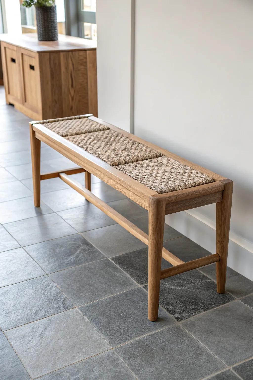 Stone-look tile handles Sunday traffic; a warm oak bench adds a calm, crafted welcome.