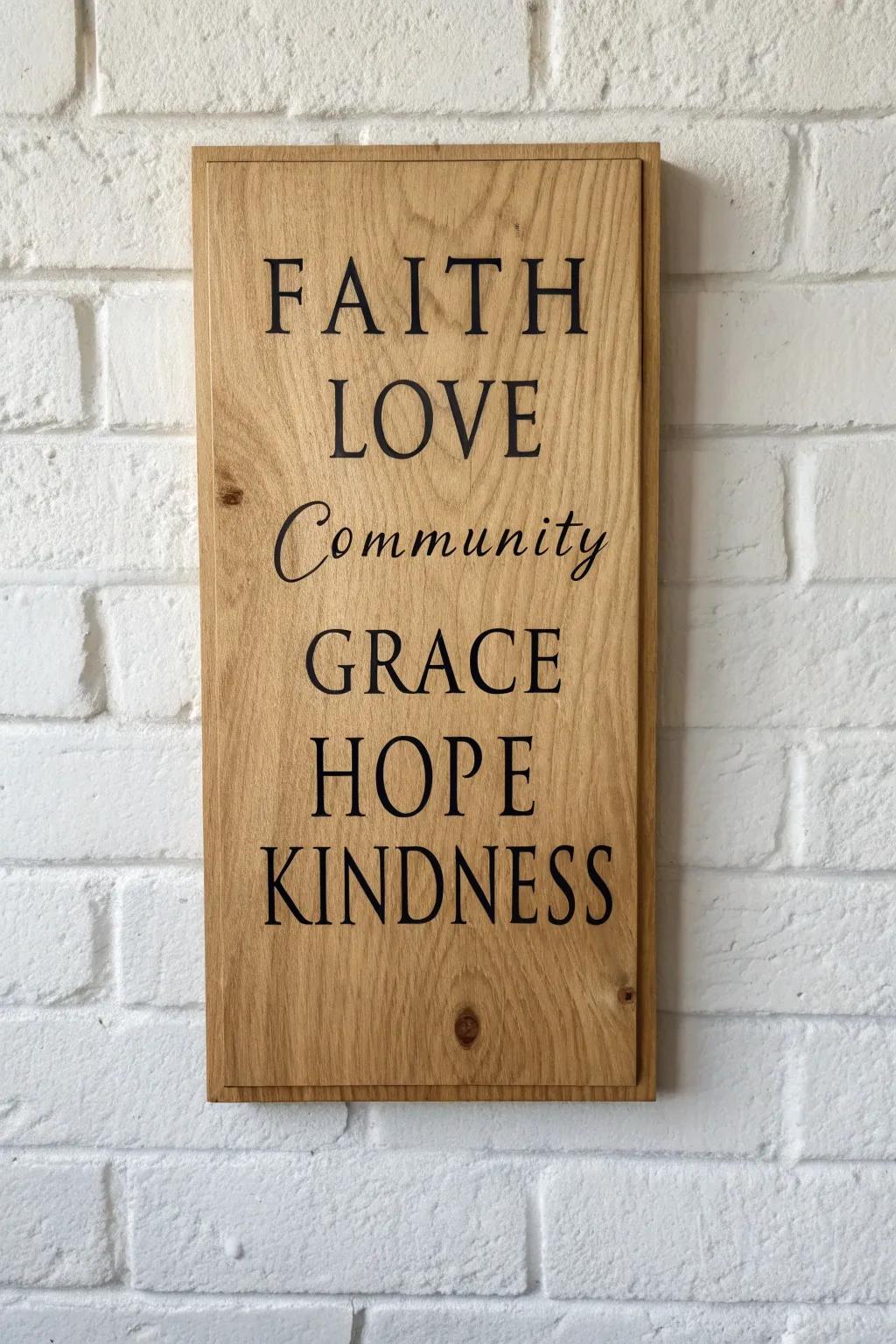 DIY faith values word‑cloud on light oak—minimal, warm, and welcoming for any church wall.