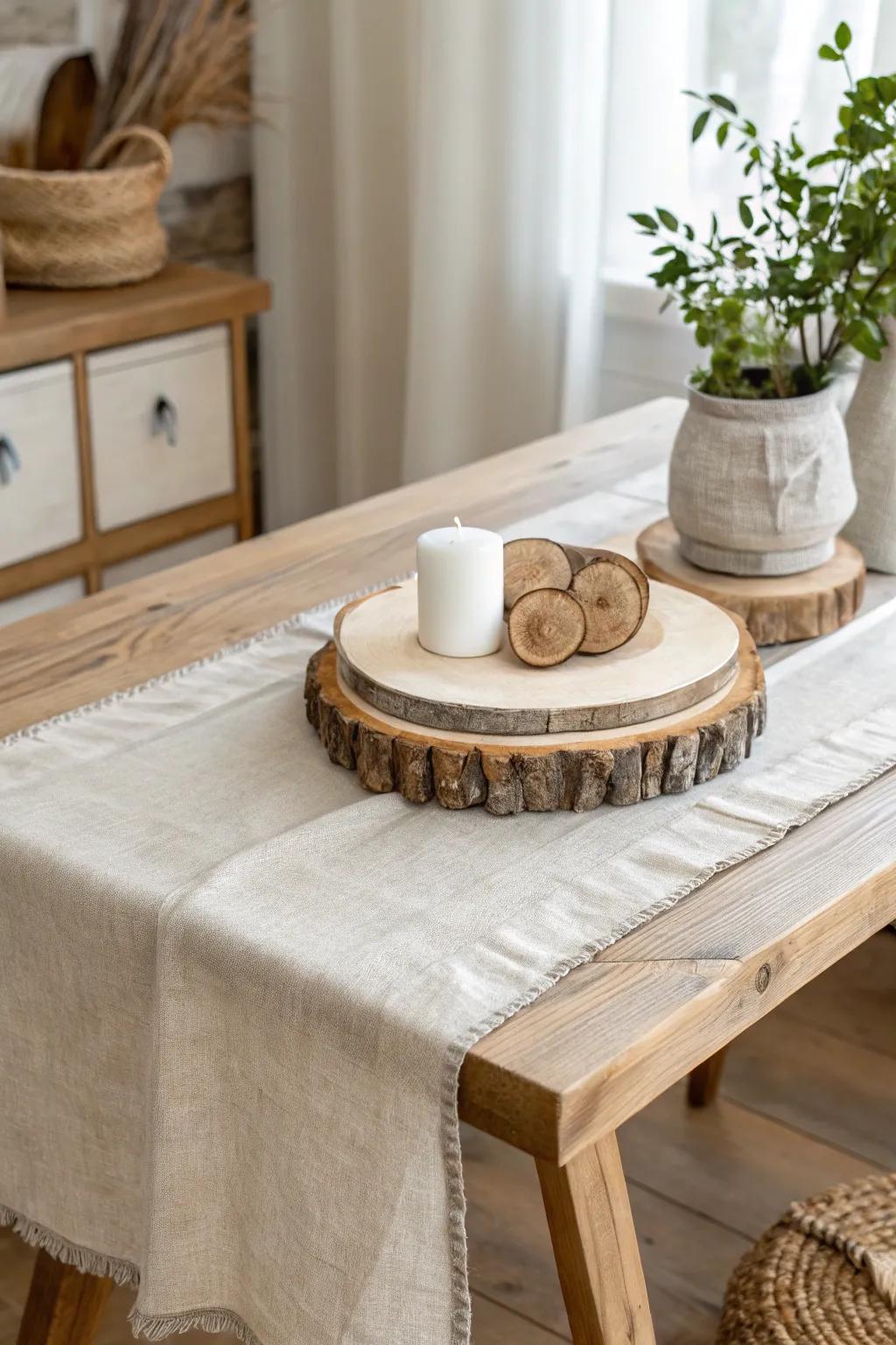 Linen runner + warm wood slices: a simple, welcoming church table look with cozy contrast.
