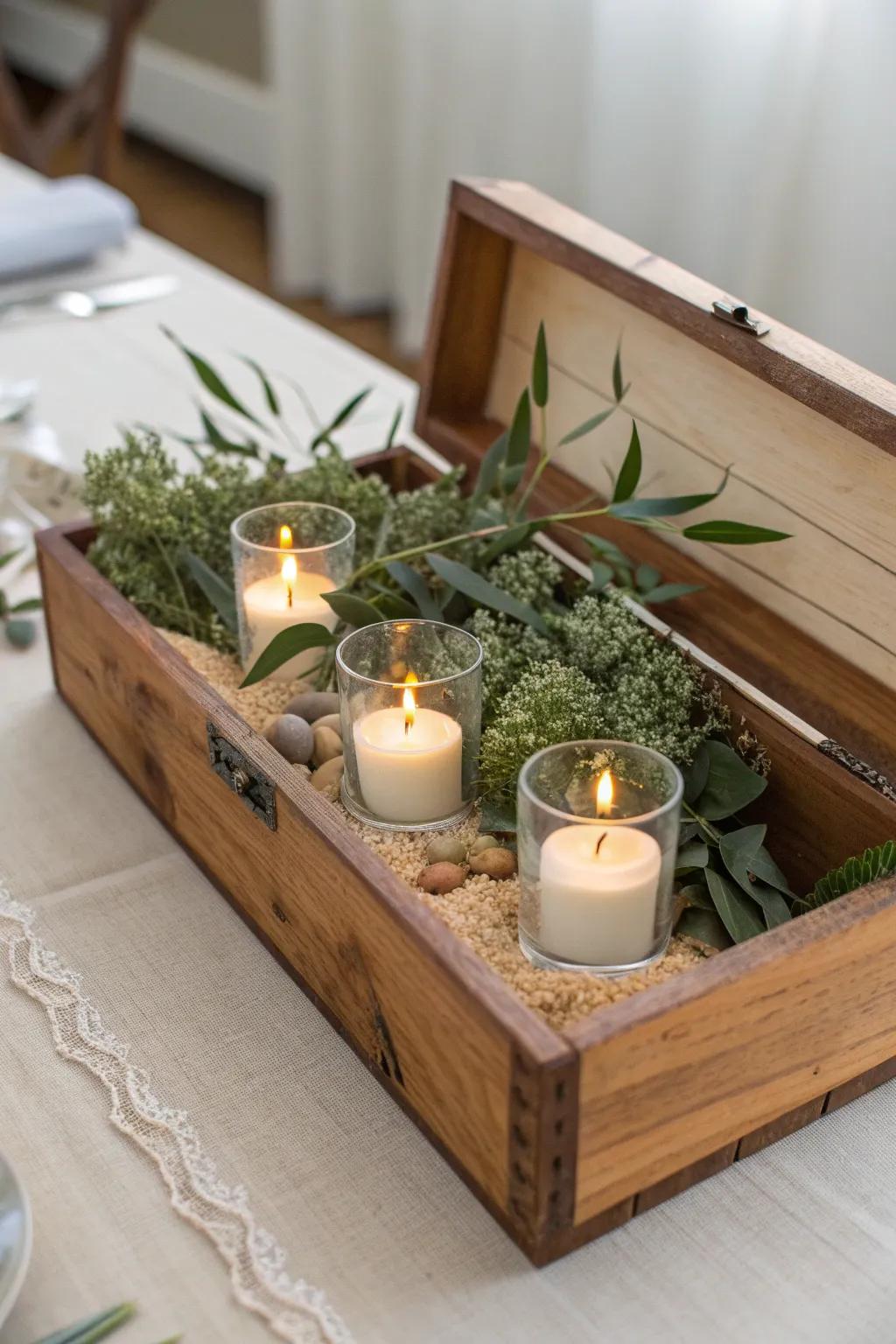 Warm candlelight meets fresh greenery in a minimalist cigar box centerpiece.