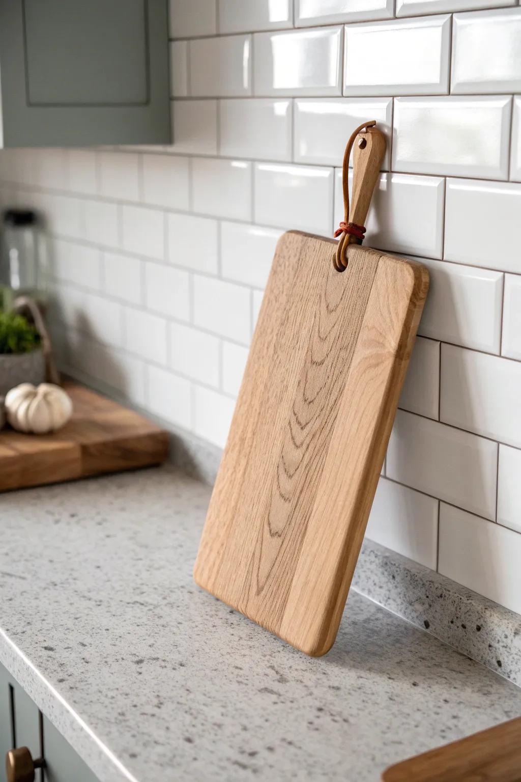 Crisp subway tile + warm oak: a timeless backsplash moment with handmade simplicity.