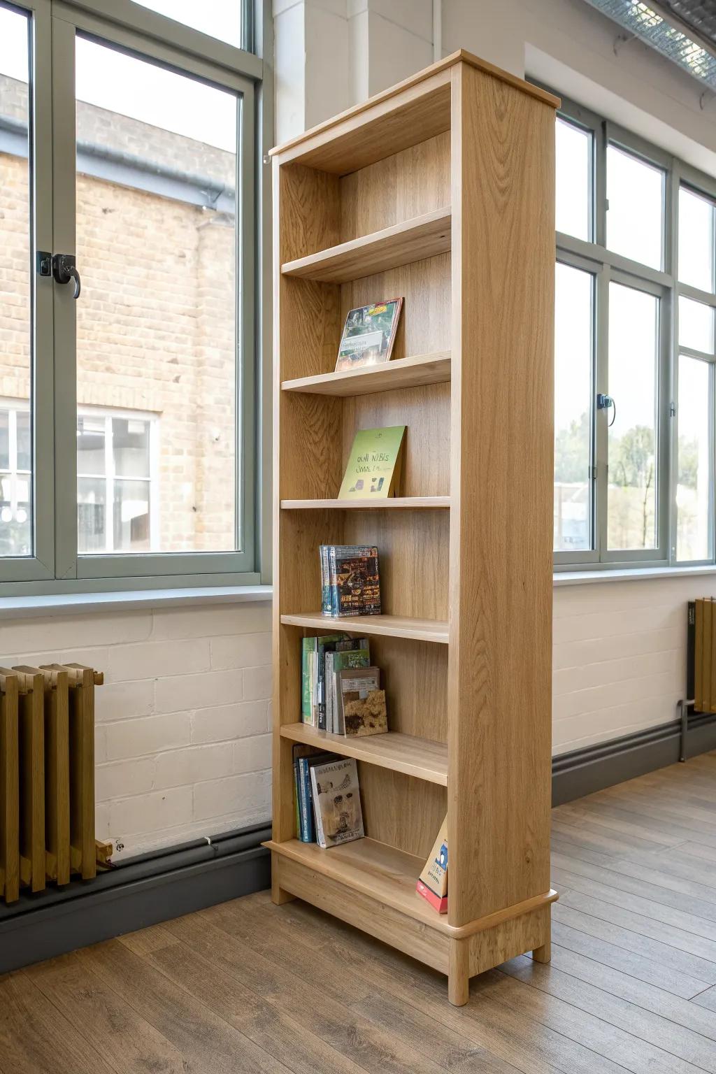 Tall bookcase made wobble-free with simple corner braces and a discreet wall anchor.