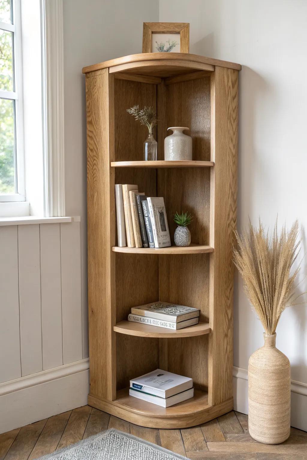 Wraparound corner shelves turn unused space into a calm, traffic-free mini library.