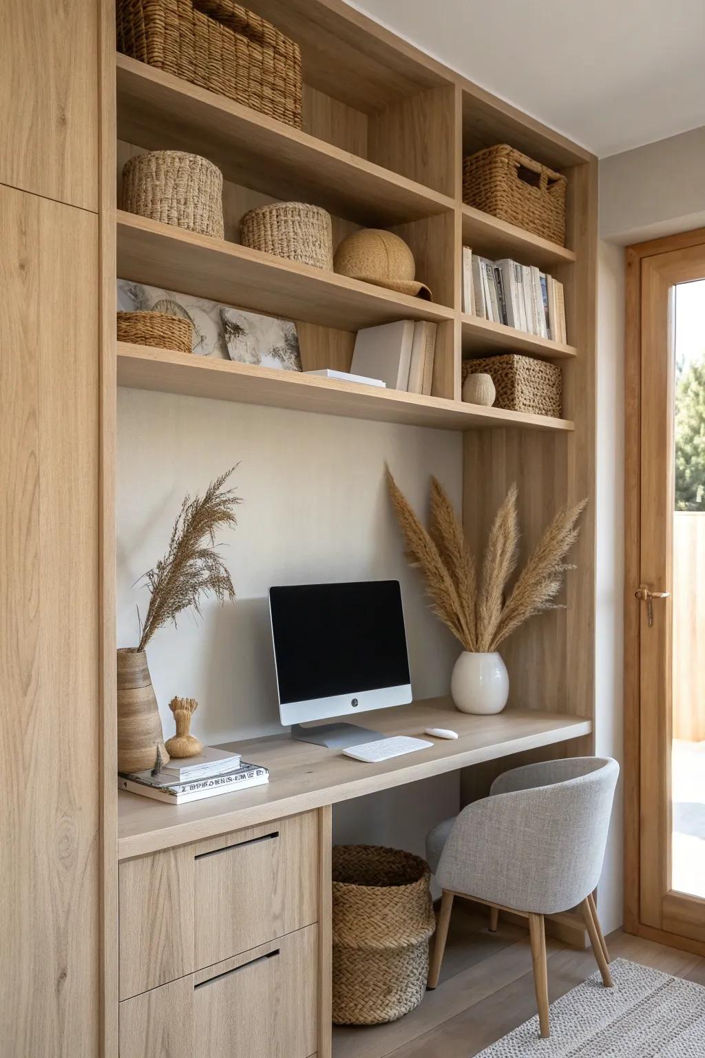 Open shelves to the ceiling make a closet desk feel bigger—pretty storage, zero clutter.