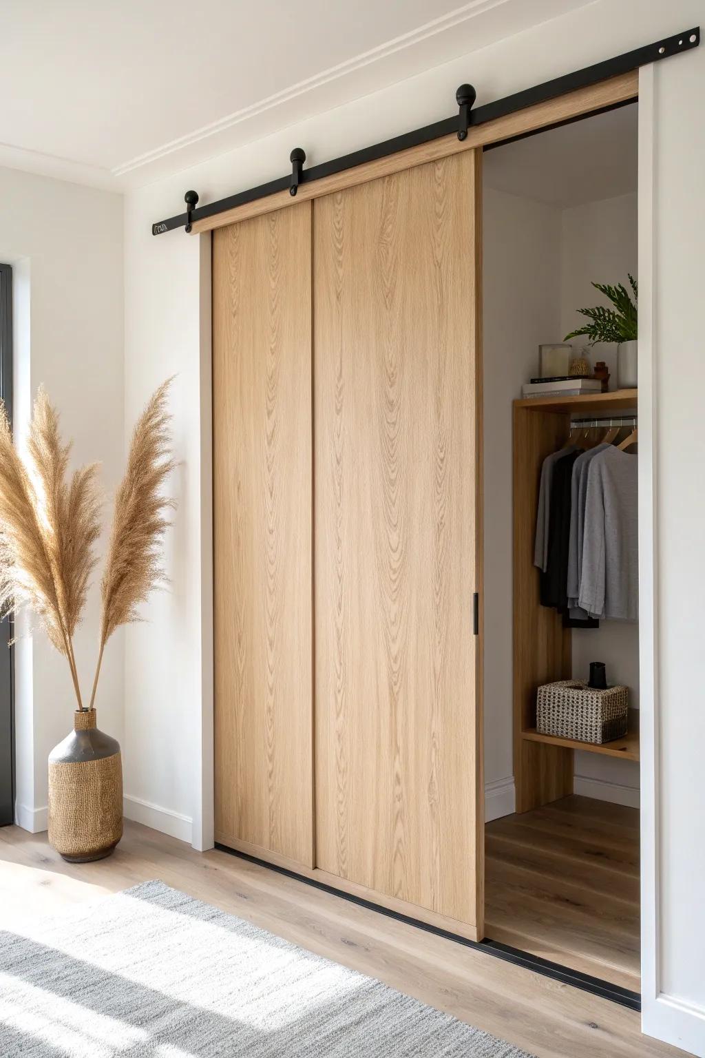 Floating top-hung wood panel—sleek slide, no floor track, perfect for tight closets.