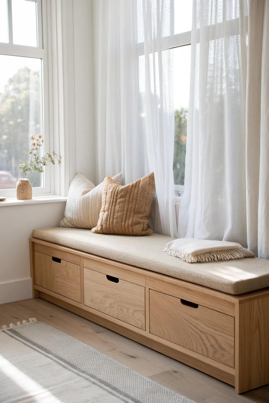 A built-in window seat with hidden drawers—warm oak, soft linen, and calm closet luxury.