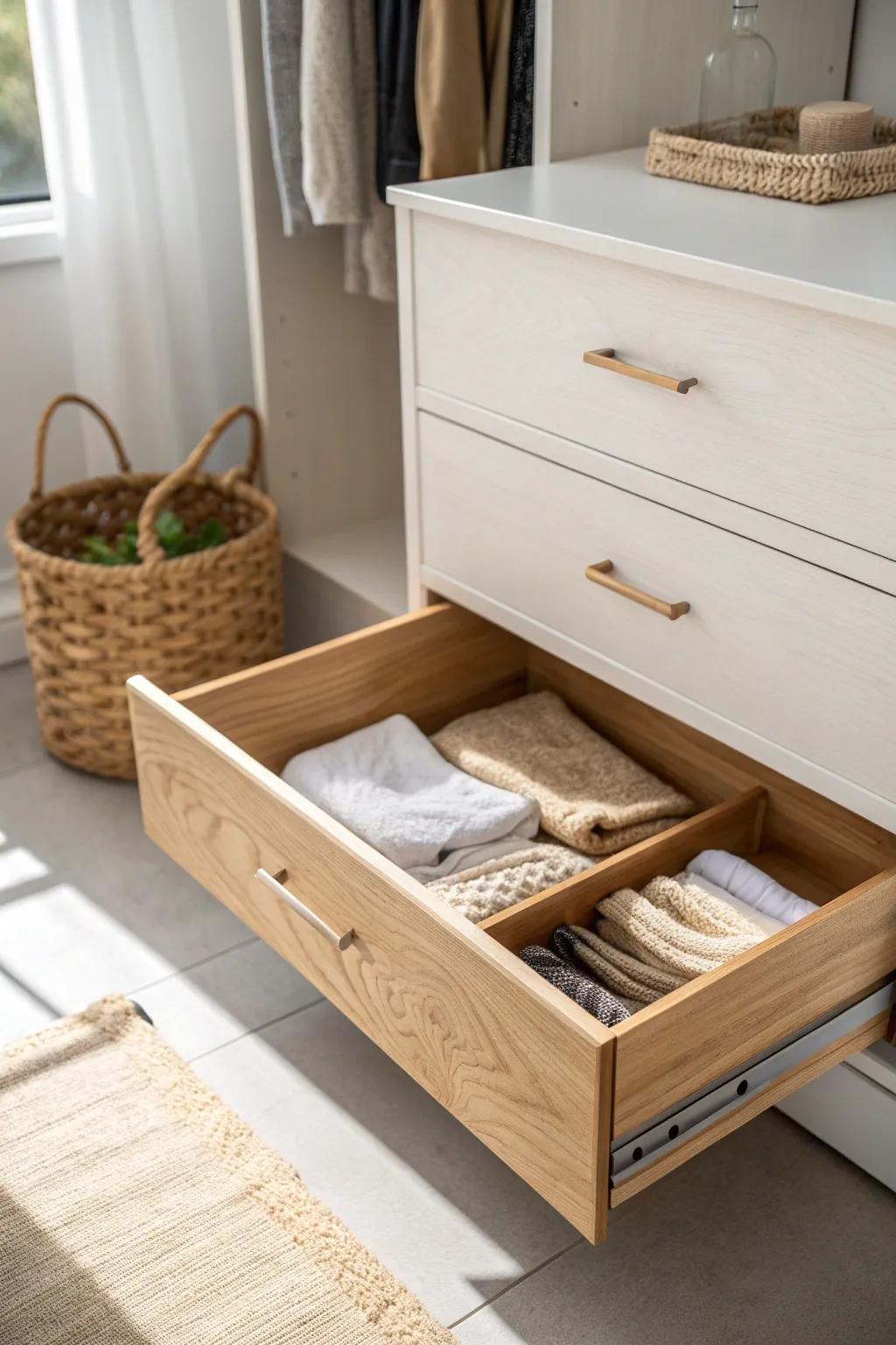 Built-in closet drawers keep socks and tees sorted—clean, calm, and beautifully hidden away.