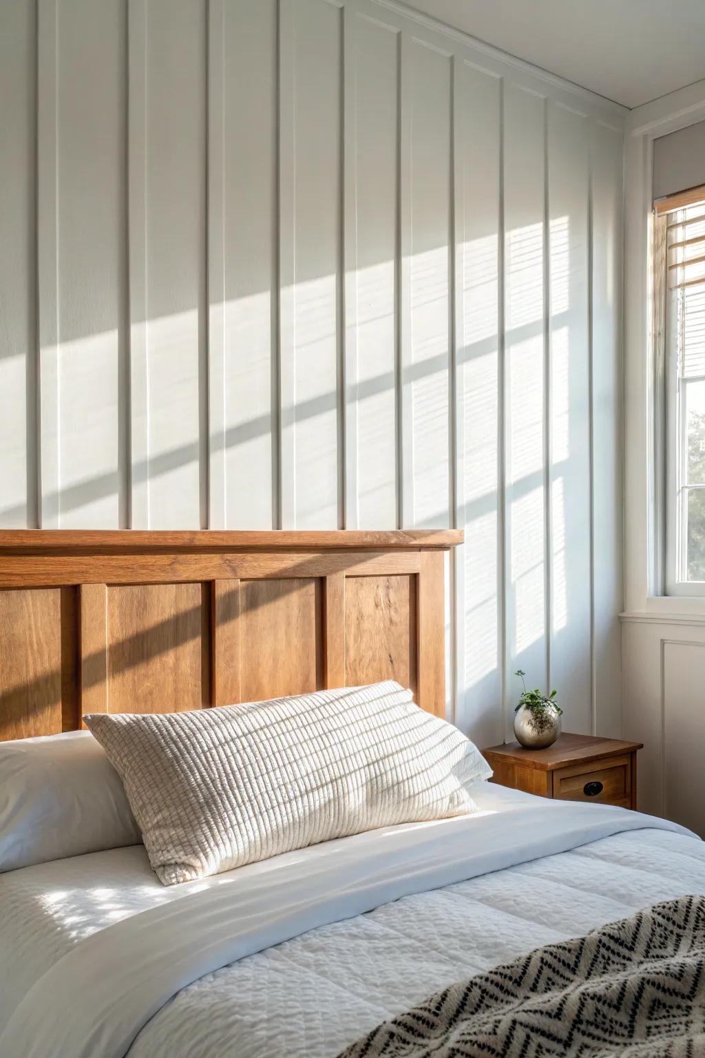 Board-and-batten in warm white: the easiest coastal farmhouse upgrade behind the bed.