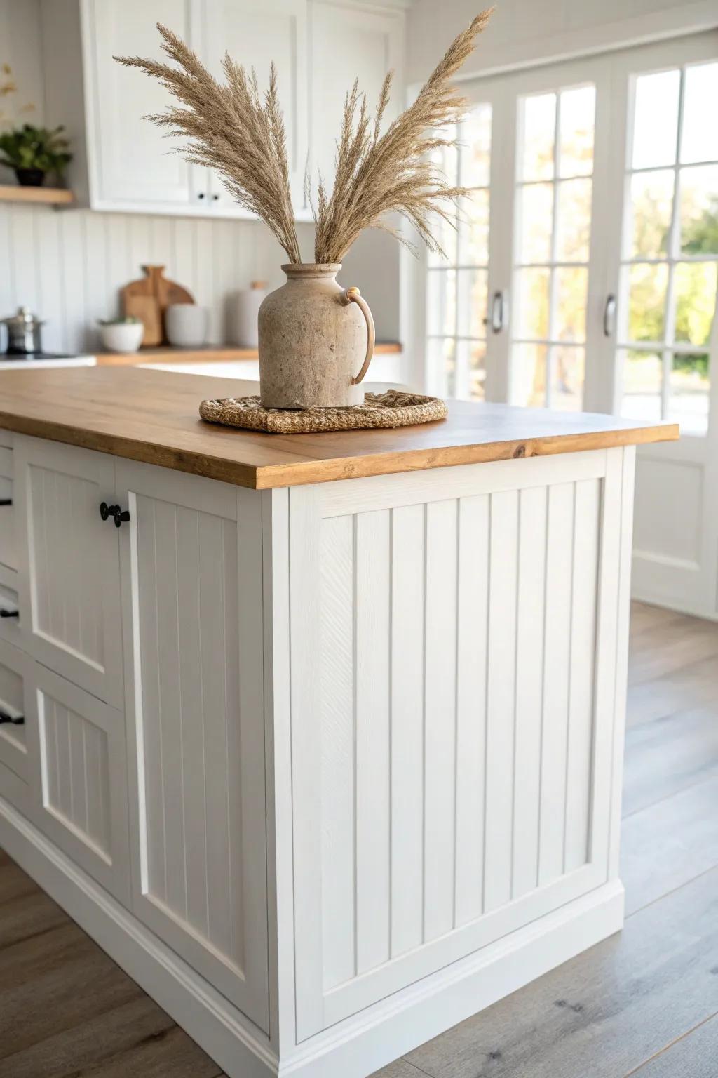 Soft coastal texture: white beadboard island paired with warm oak for a beach-house calm.