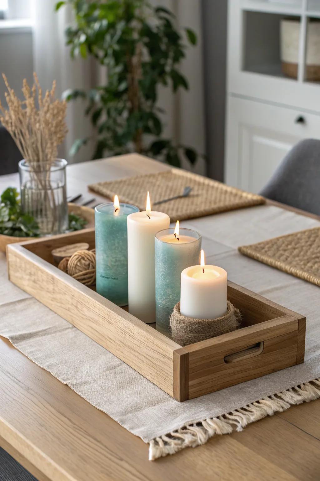 Sea-glass candle cluster on a handcrafted oak tray for an instant calm coastal tablescape.