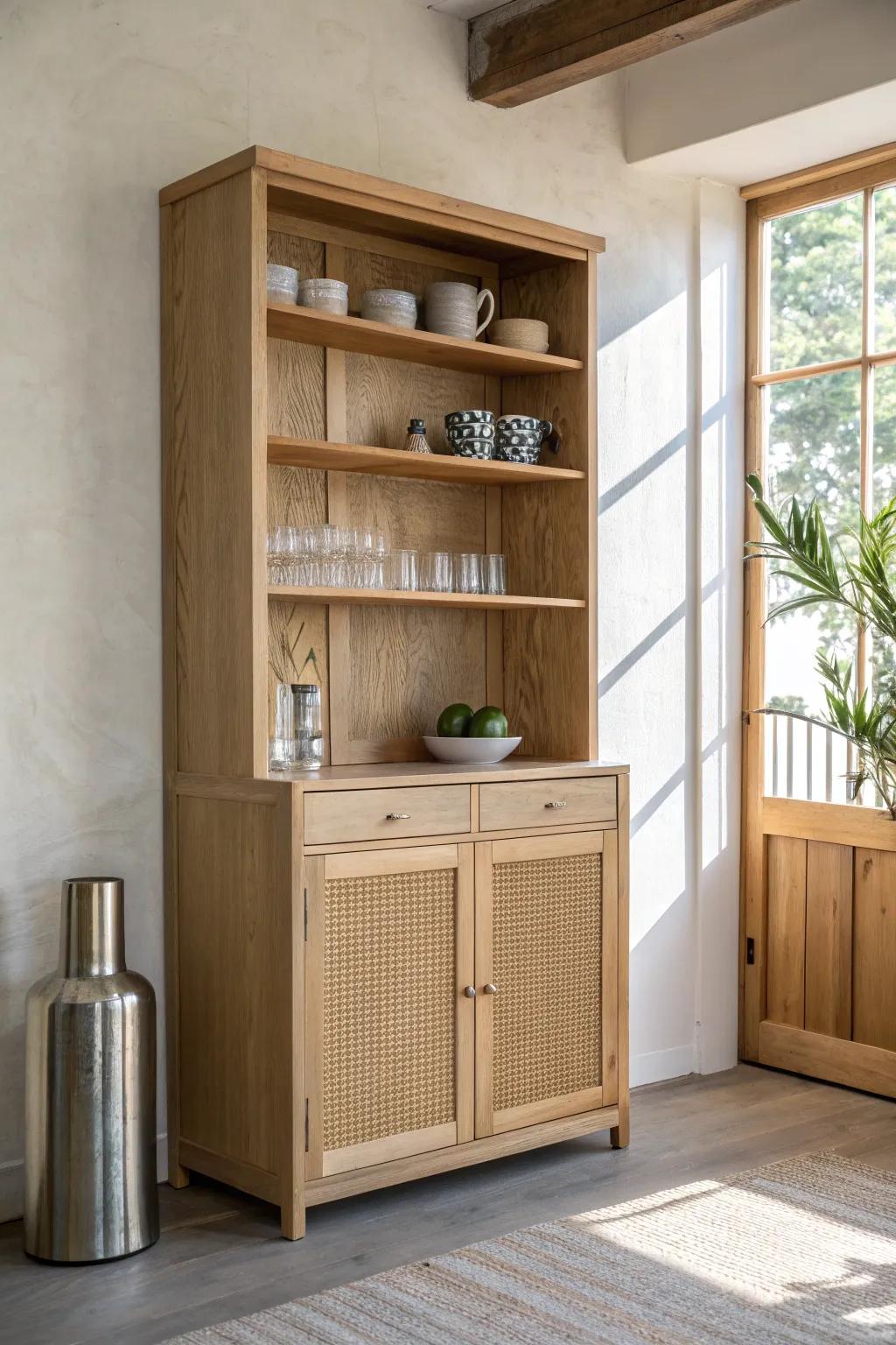 Hutch-style bar: oak cabinet with styled mugs & glassware for a cozy coffee-cocktail corner.