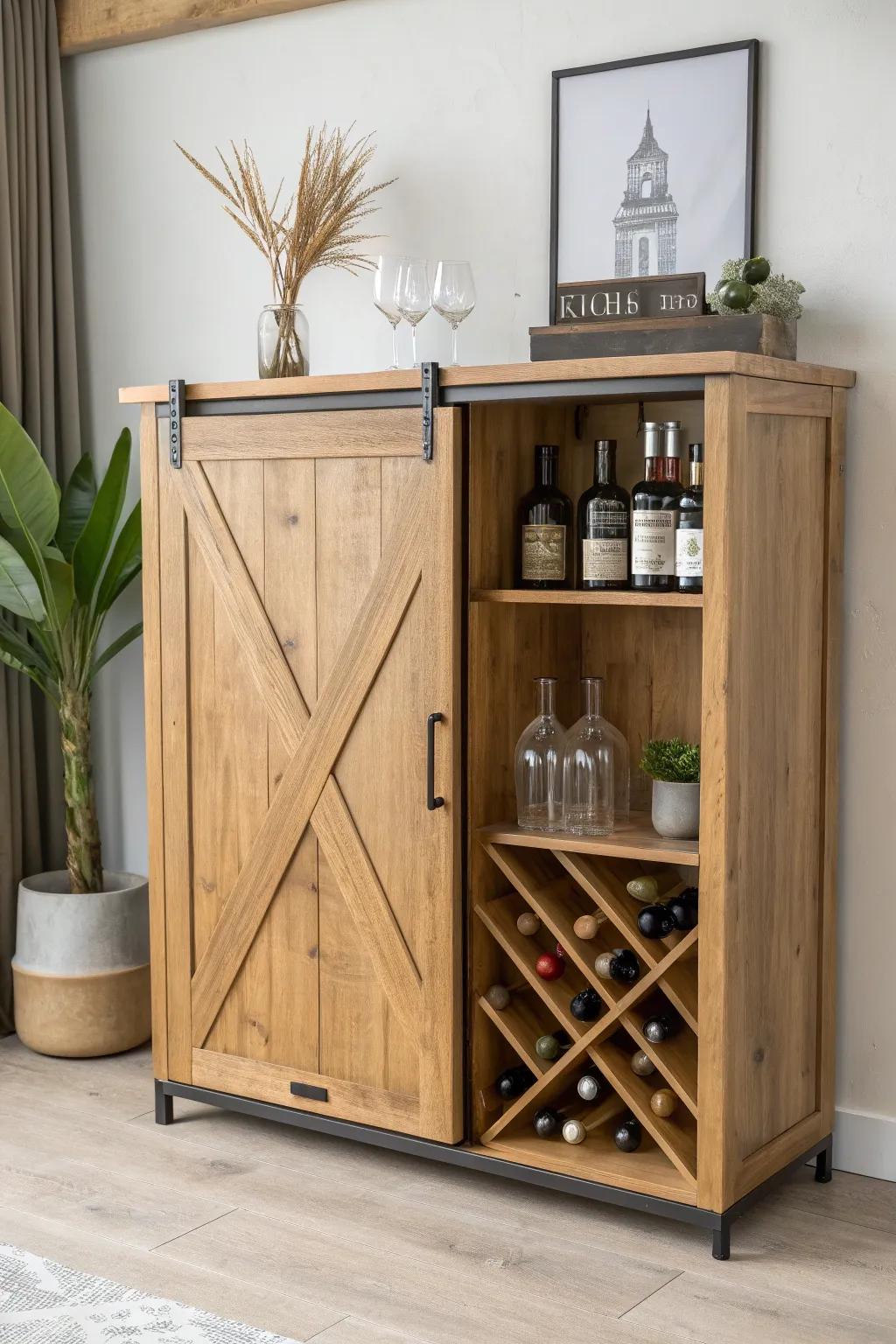 A sleek oak barn-door cabinet that hides your coffee + liquor bar in calm, rustic style.