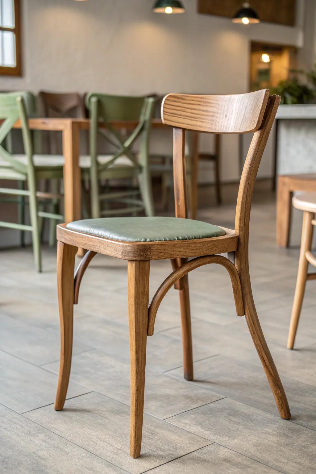 Mix-and-match upcycled chairs feel curated when one stain tone ties the whole set together.