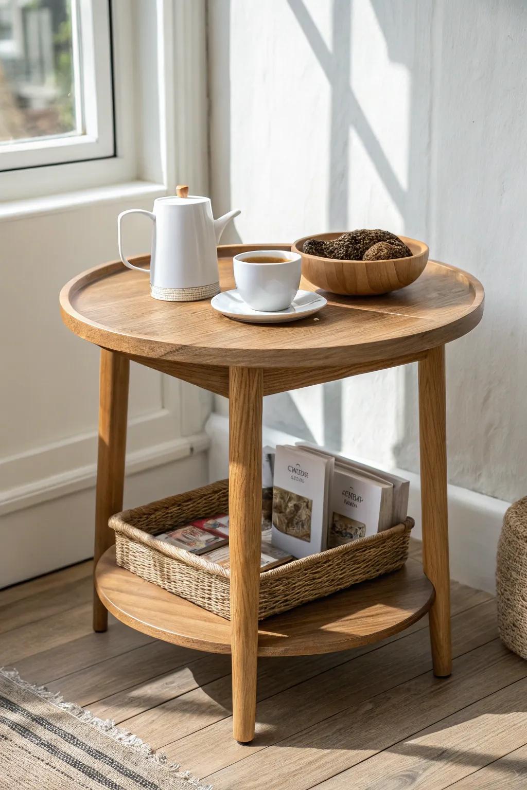 A clean two-tier coffee station: top stays calm, bottom shelf hides pods, cocoa, and clutter.
