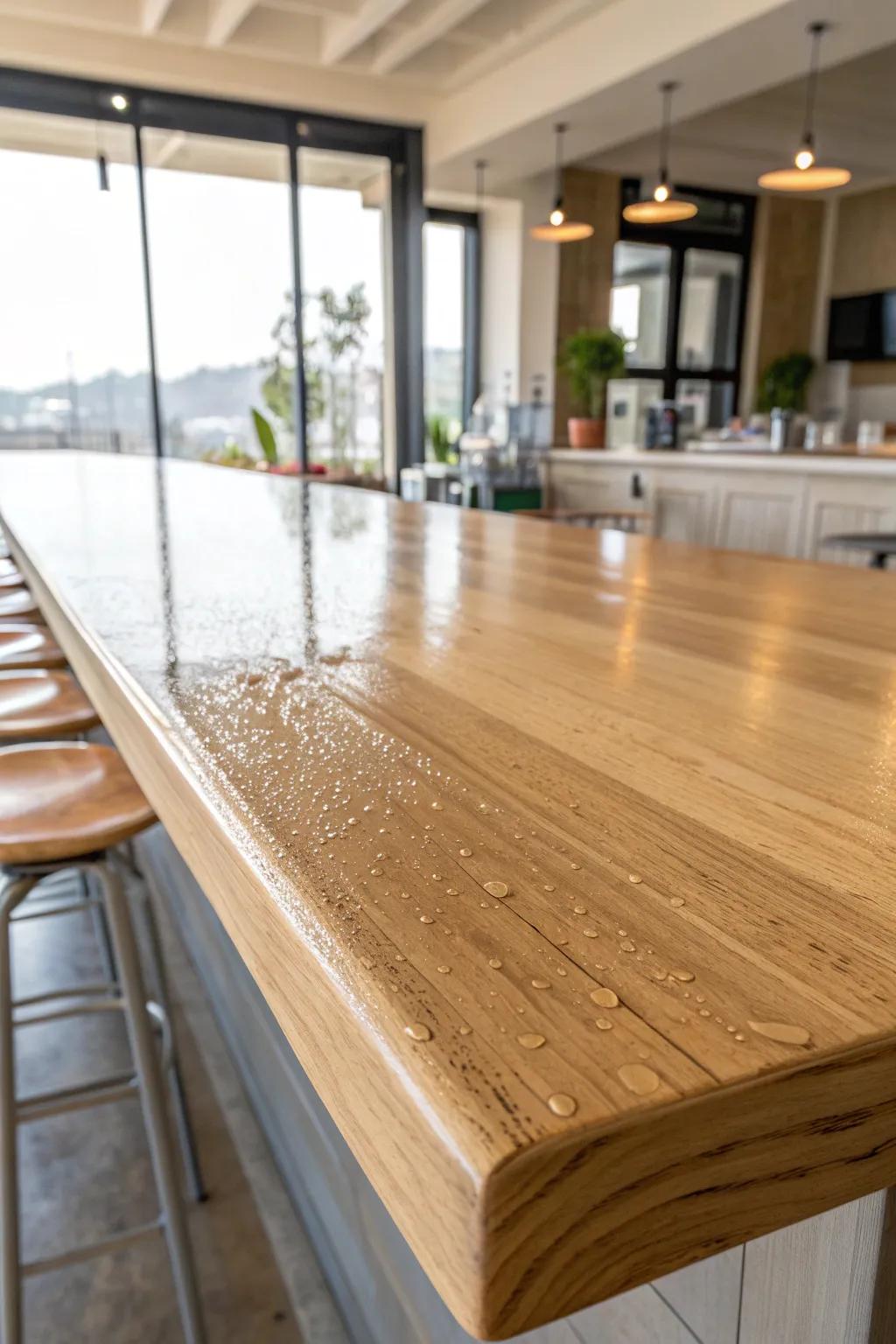 Crystal-clear epoxy over oak: glossy, spill-proof, and always looks freshly wiped.