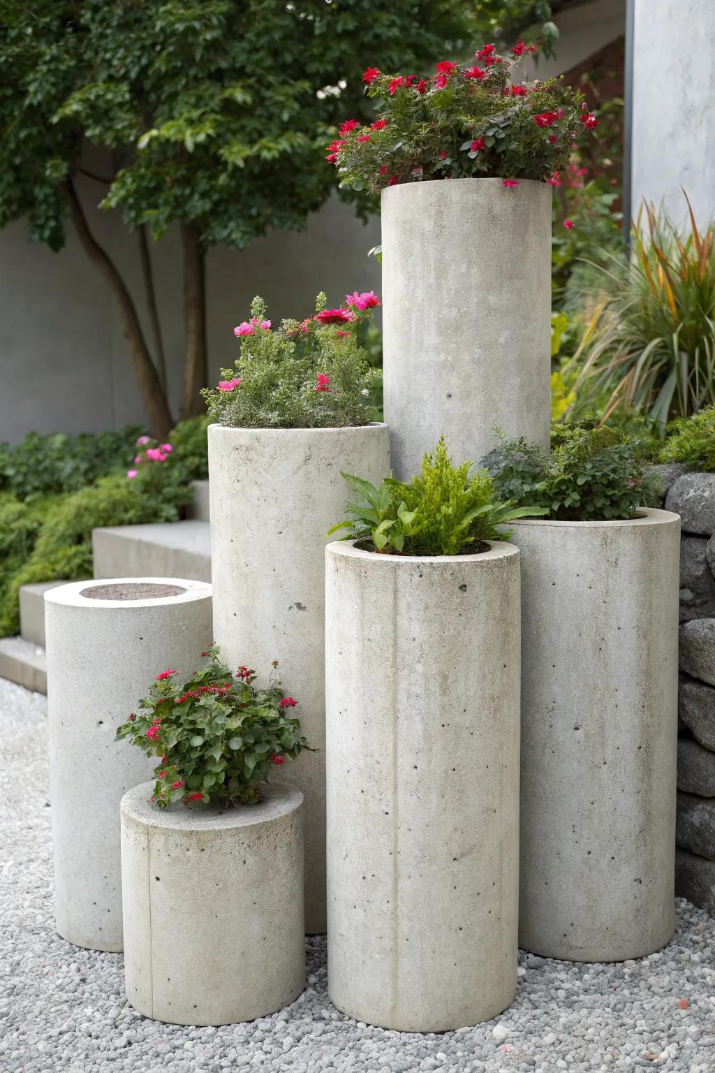 Elevate your garden with a stunning layered plant display using concrete cylinders.