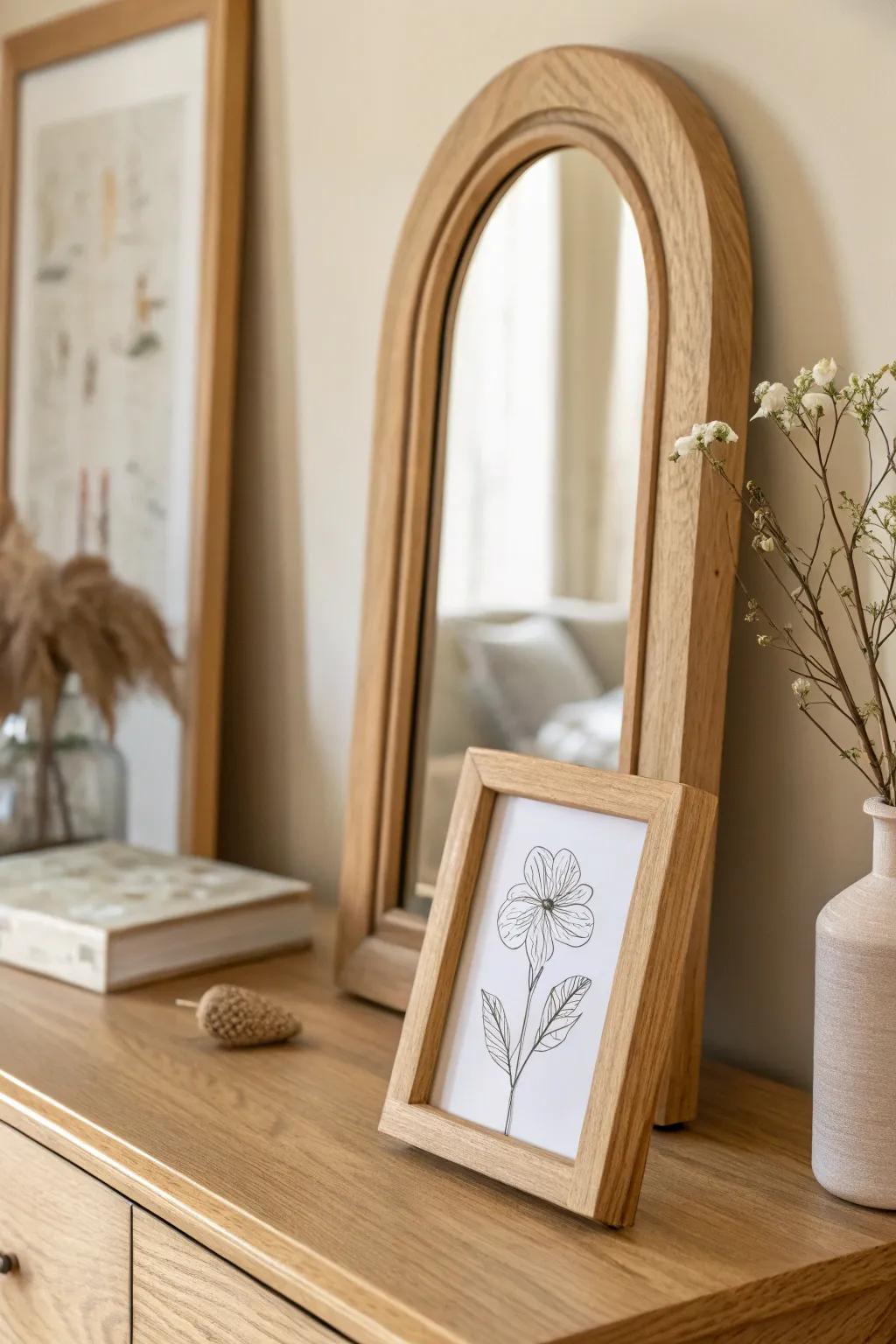 Layered art on a warm oak console—one framed print propped in front of a soft arched mirror.