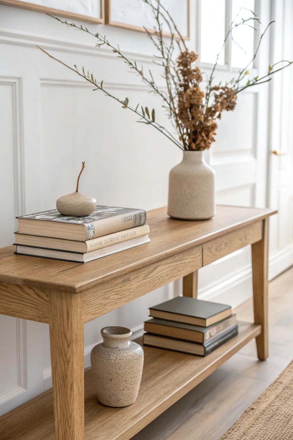 Stack coffee table books as risers to add height and instant layered console table styling.