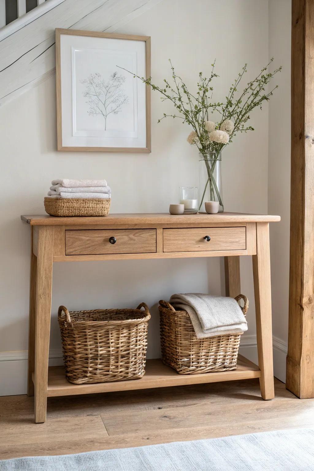 A console table with two woven baskets underneath—bedroom storage that looks effortlessly tidy.