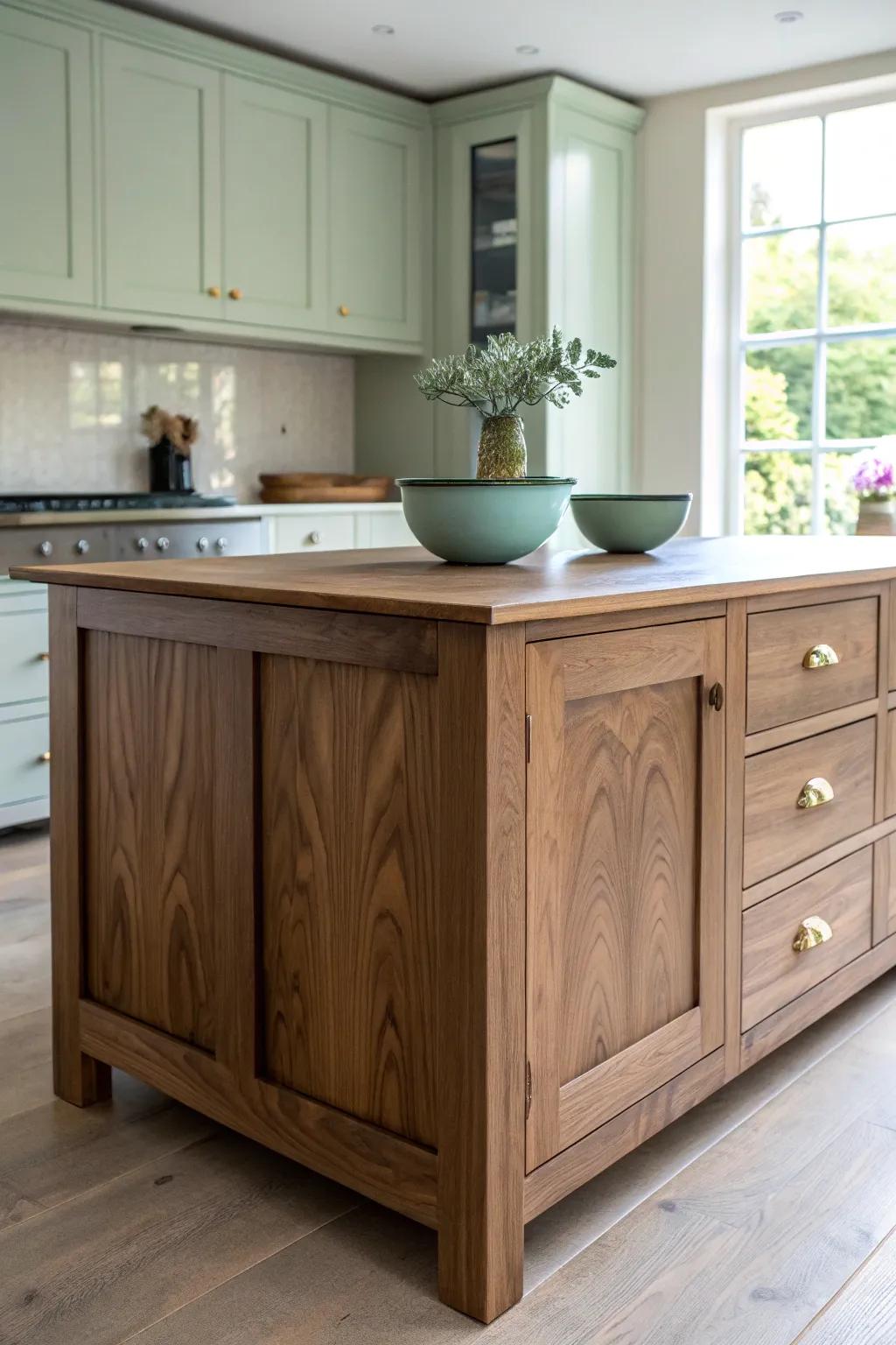 Warm walnut island pops against soft painted cabinets—minimal, handcrafted contrast for modern kitchens.