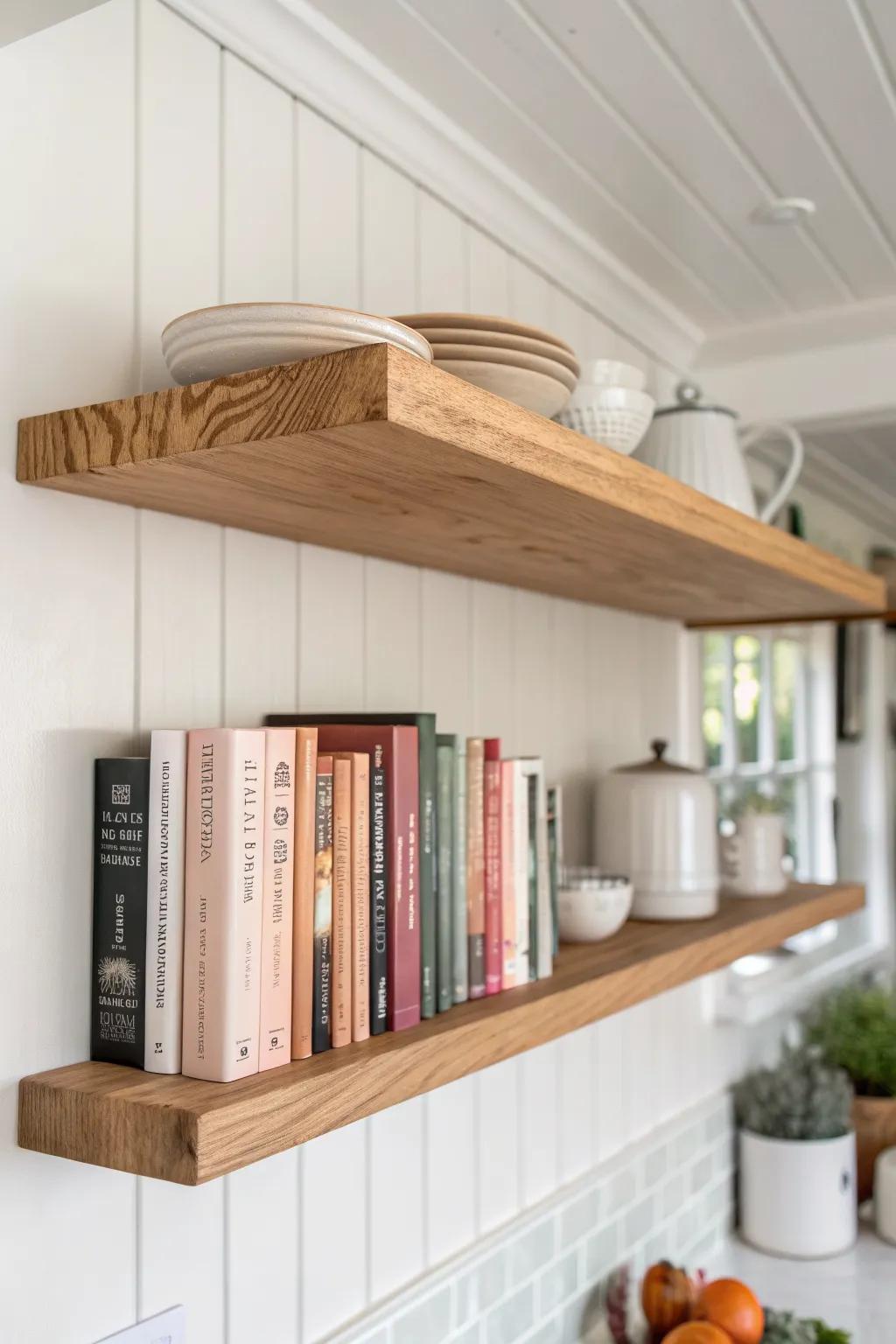 Color‑grouped cookbooks on a warm oak pantry top shelf—calm, chic, and space‑saving.