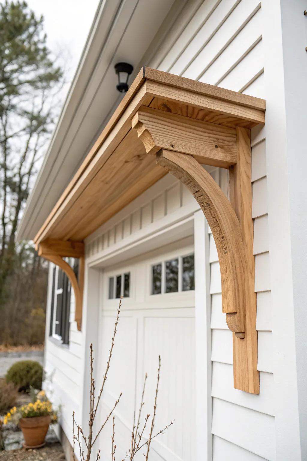 Garage eyebrow roof corbel in warm wood—simple Scandinavian detail with big curb appeal.