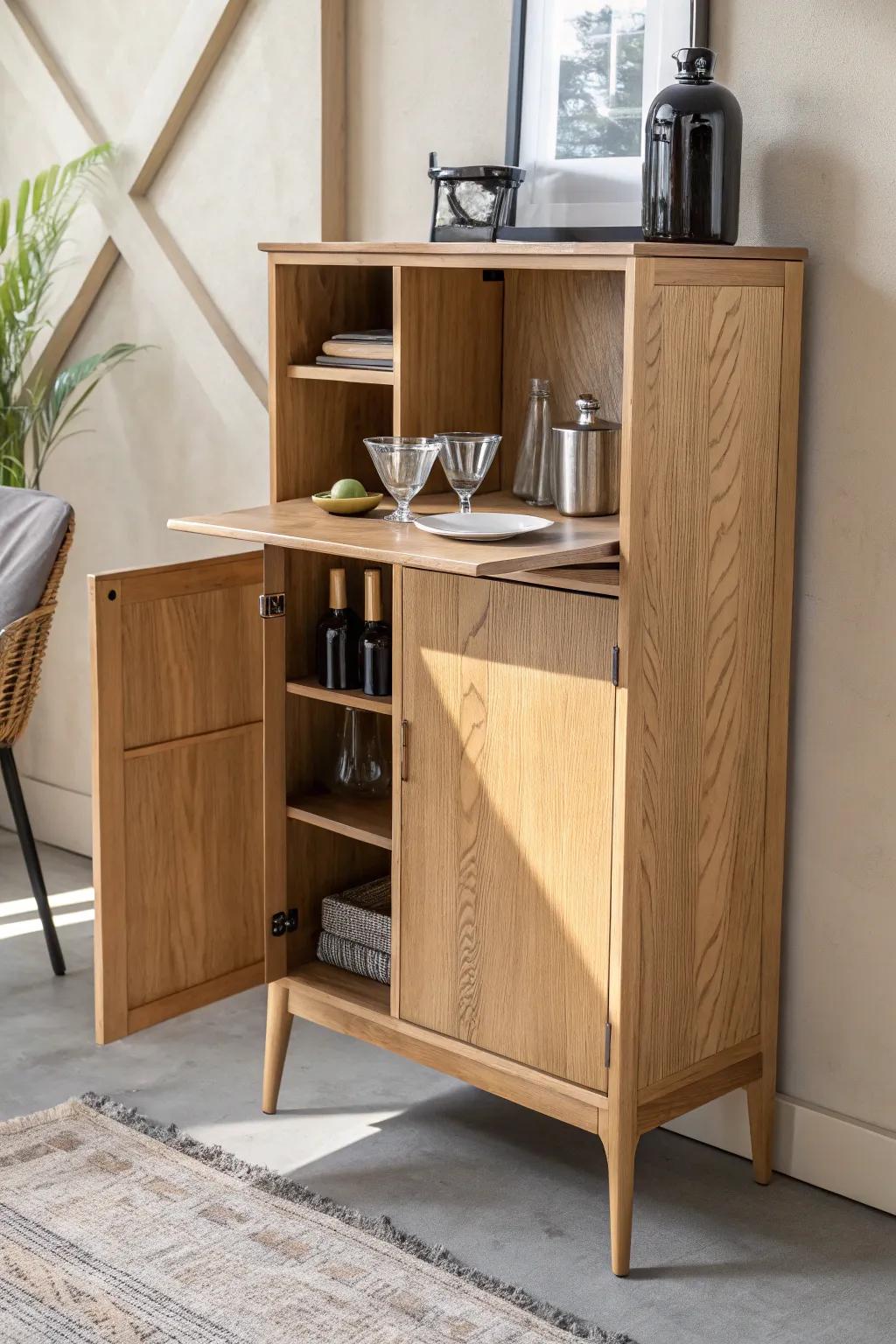 A slim pull-out mixing shelf adds a perfect landing zone to any corner bar cabinet.