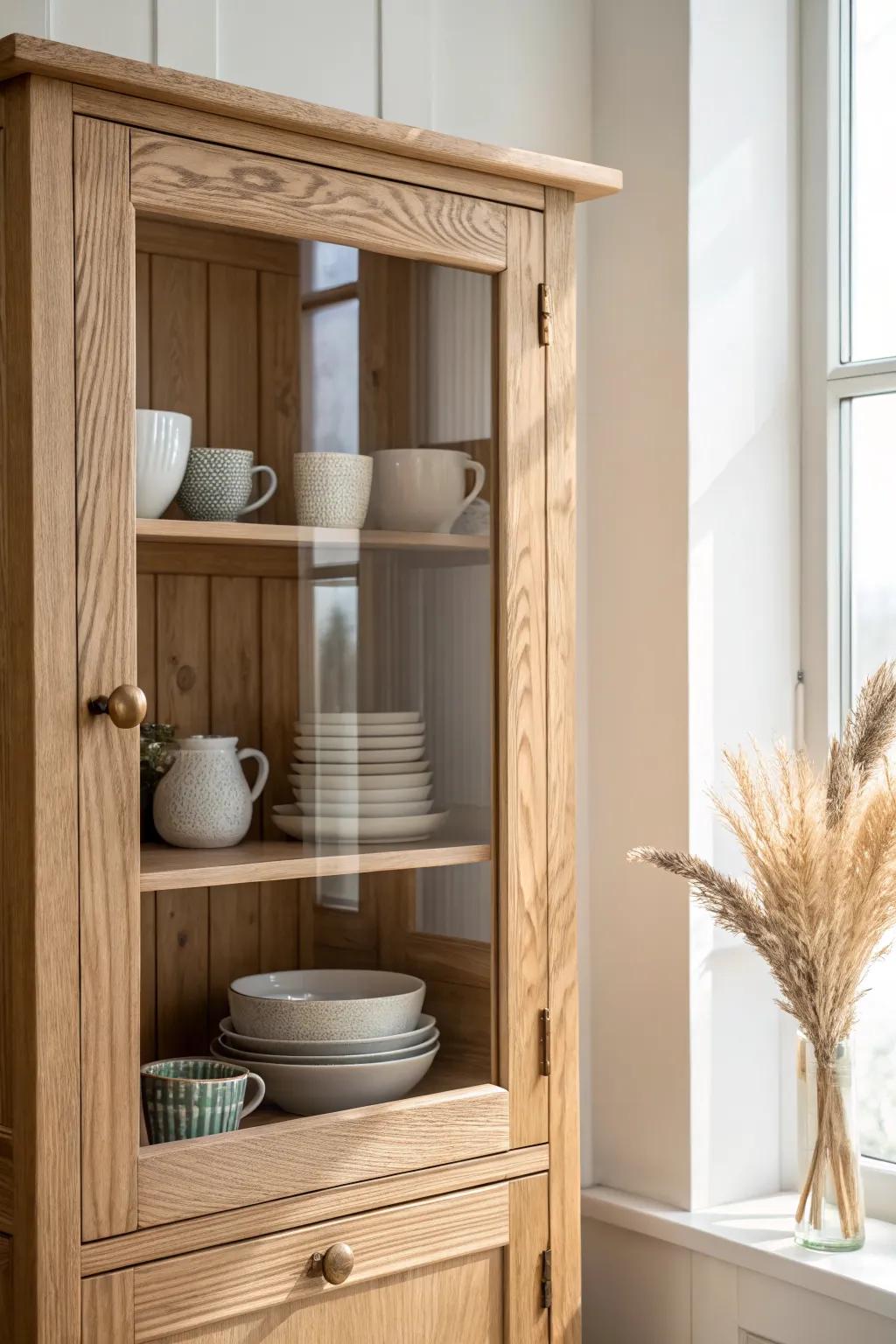 A glass-front upper corner door keeps the kitchen light—perfect for showing off mugs and bowls.