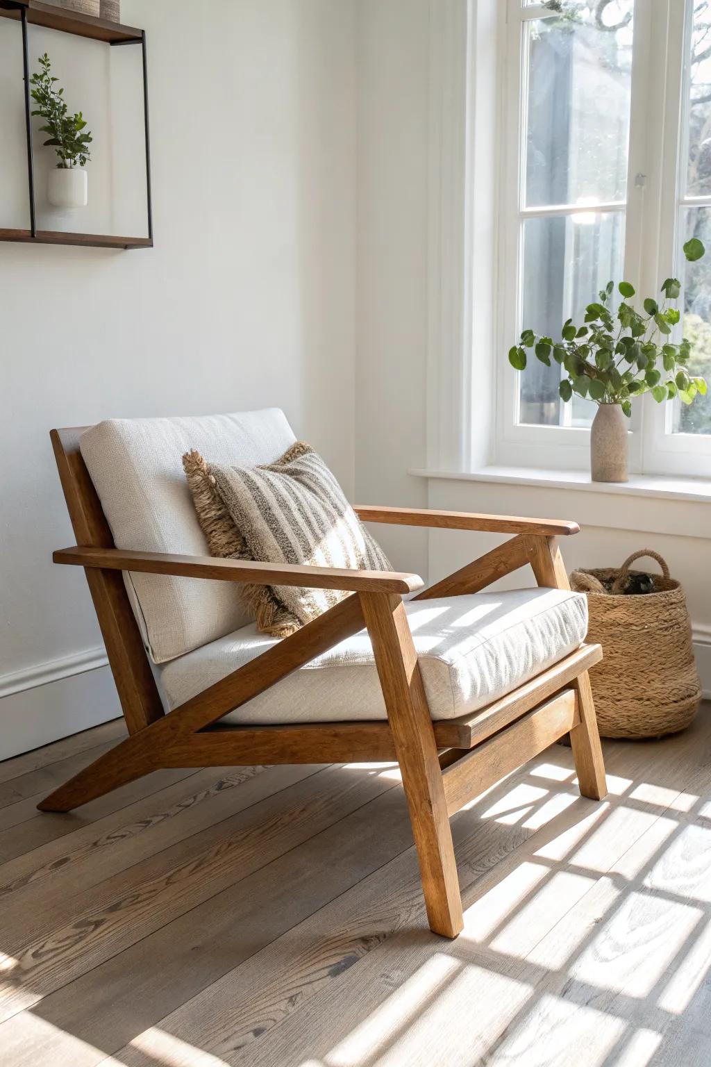 A reclaimed-wood frame lounge chair that turns an empty corner into a calm retreat.