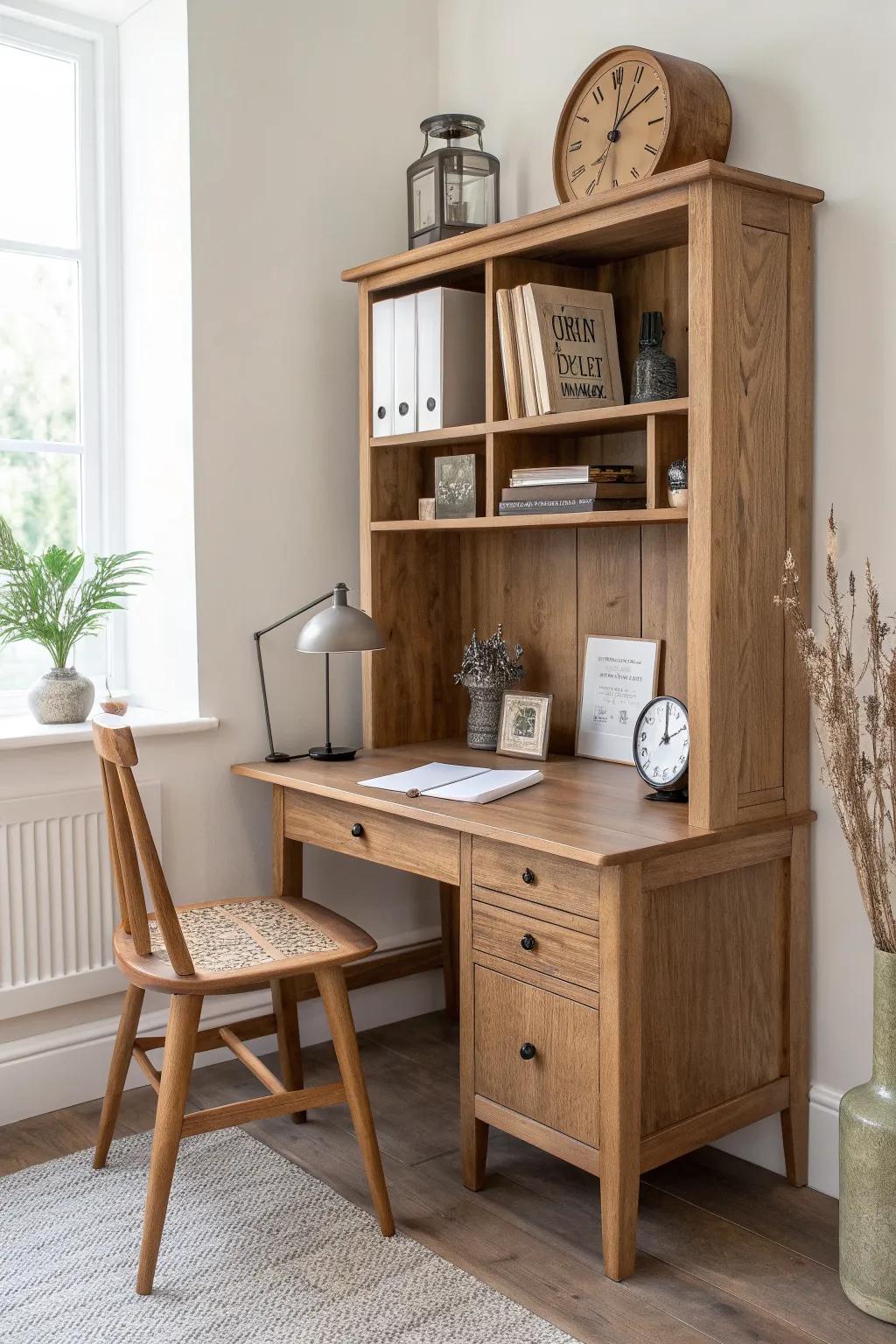 A corner desk hutch adds instant shelf space for clocks, files, and calm decor.