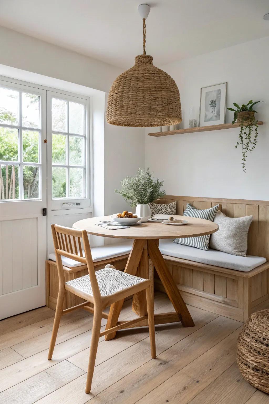 Corner bench + two movable chairs: cozy booth vibes with easy flow and no one trapped.