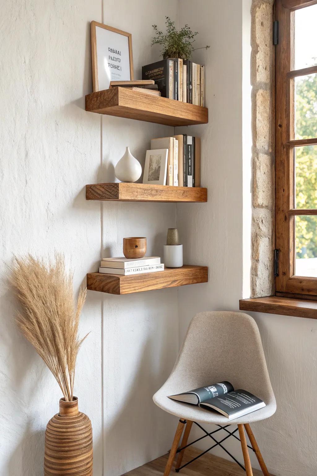 Thick oak floating corner shelves: a clean, cozy library nook with airy space below.