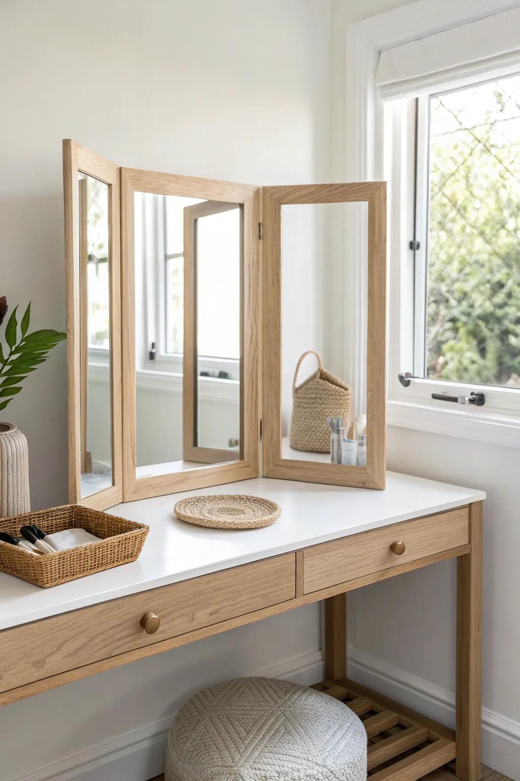 A tri-fold mirror made for the corner—minimal, warm oak, and perfect for every angle.