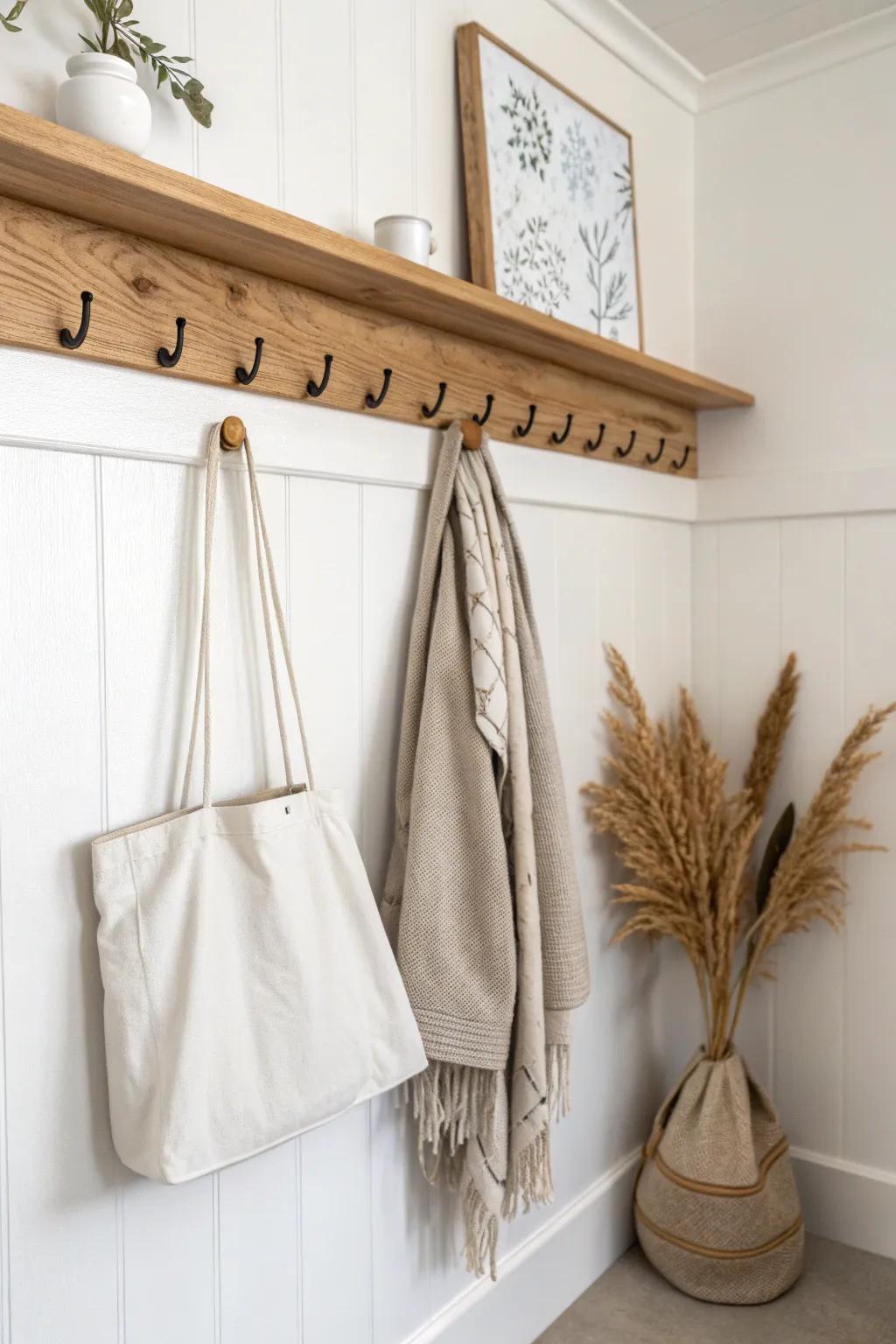 Double wall coat hooks wrap the corner—more space, less crowding, and a clean crafted look.