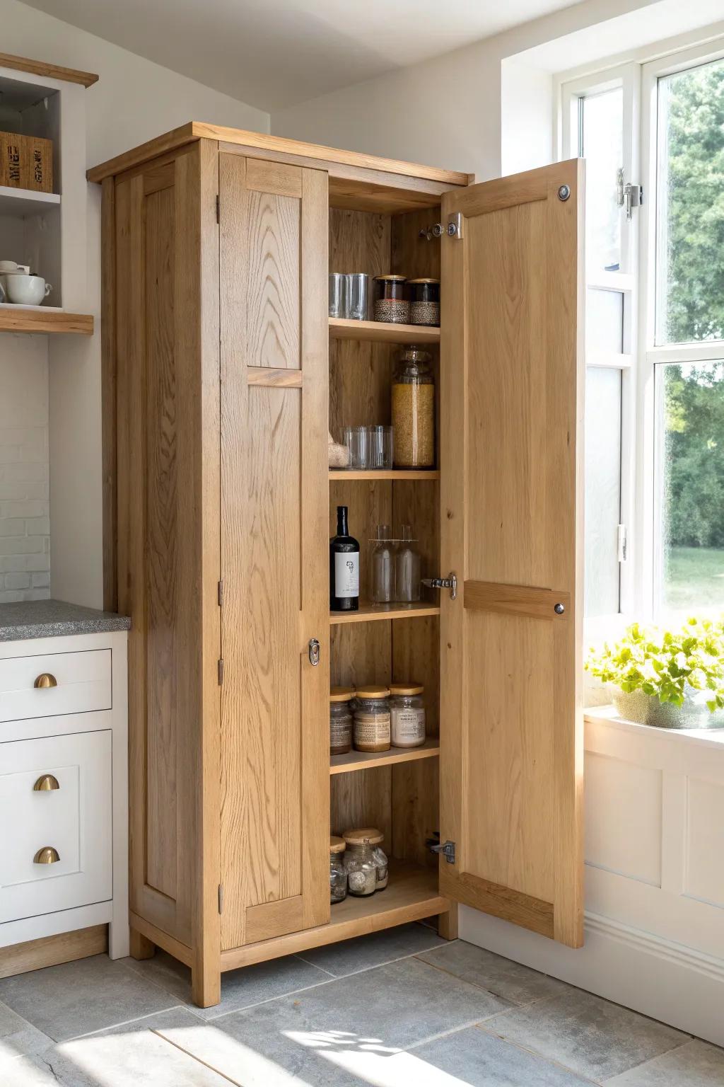 Adjustable shelf pins let your corner pantry fit tall oils, jars, and cereal—no wasted space.