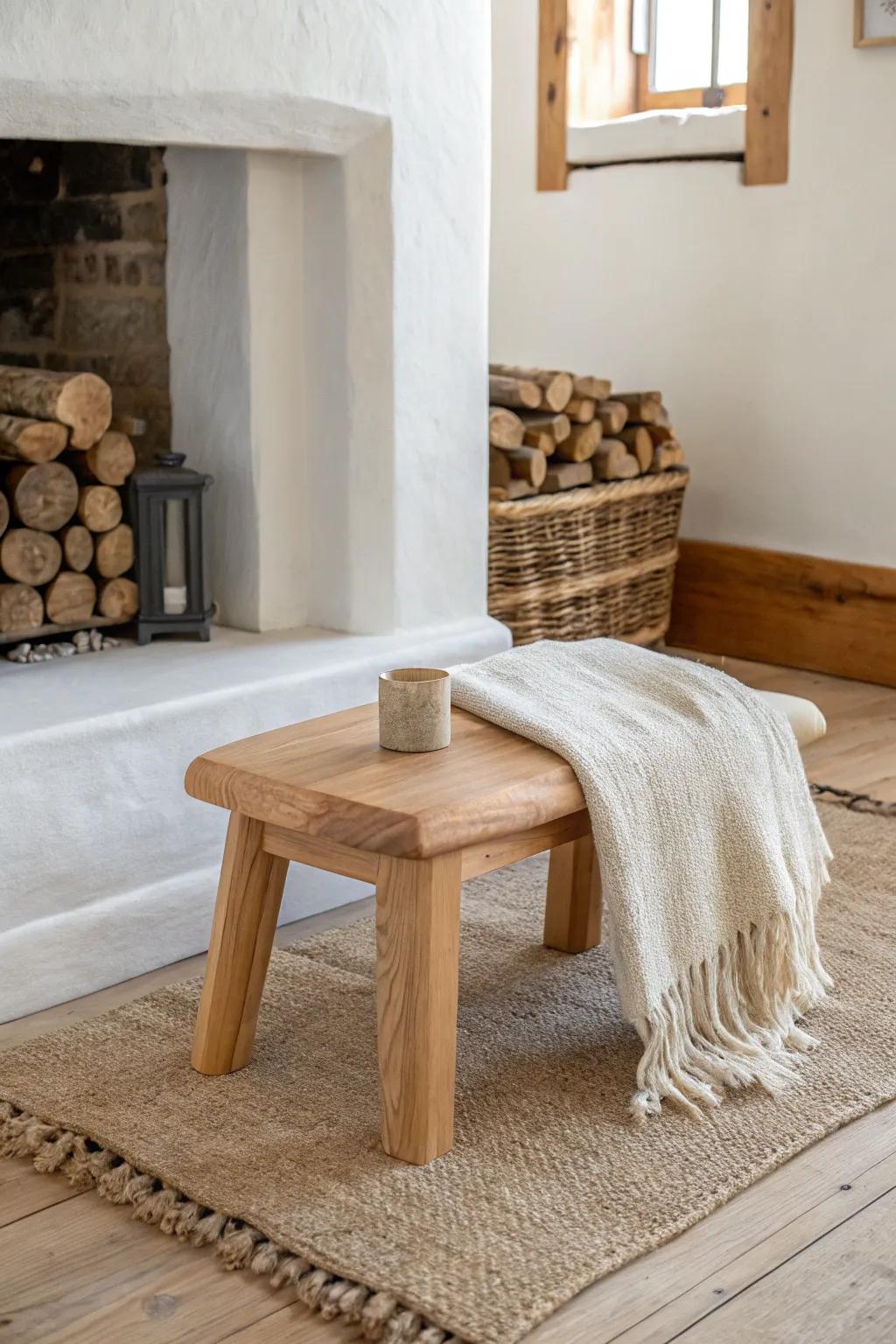 A cozy fireplace-corner footstool moment—simple wood, soft linen, and warm Scandinavian calm.