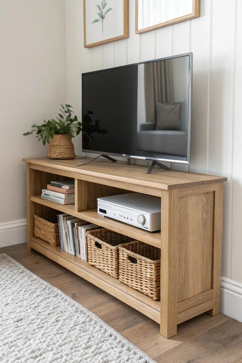 Light oak corner TV shelf with open cubbies—minimal, cable-friendly storage that feels airy.