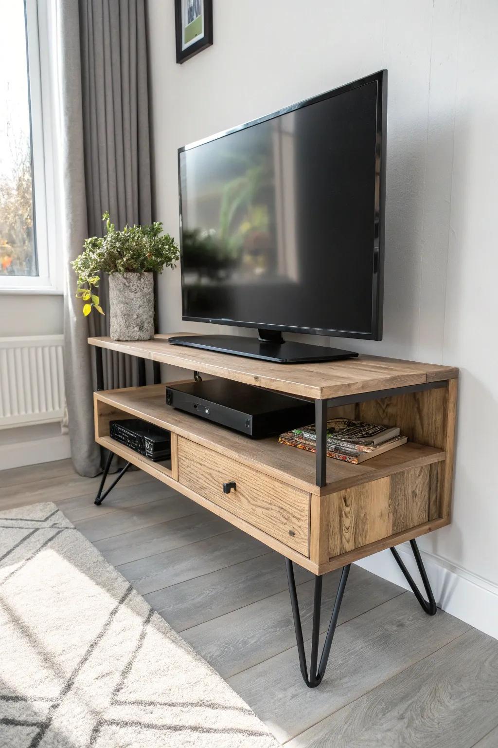 Light oak meets matte black metal: an industrial corner TV stand with airy hairpin legs.