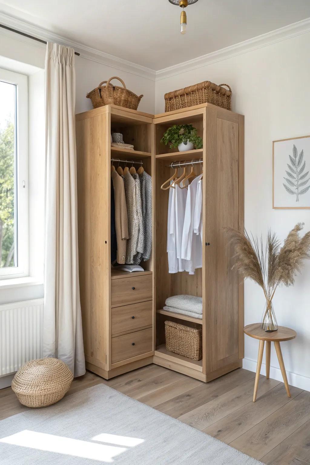 Open corner wardrobe in light oak—like a tiny boutique, styled with matching wooden hangers.