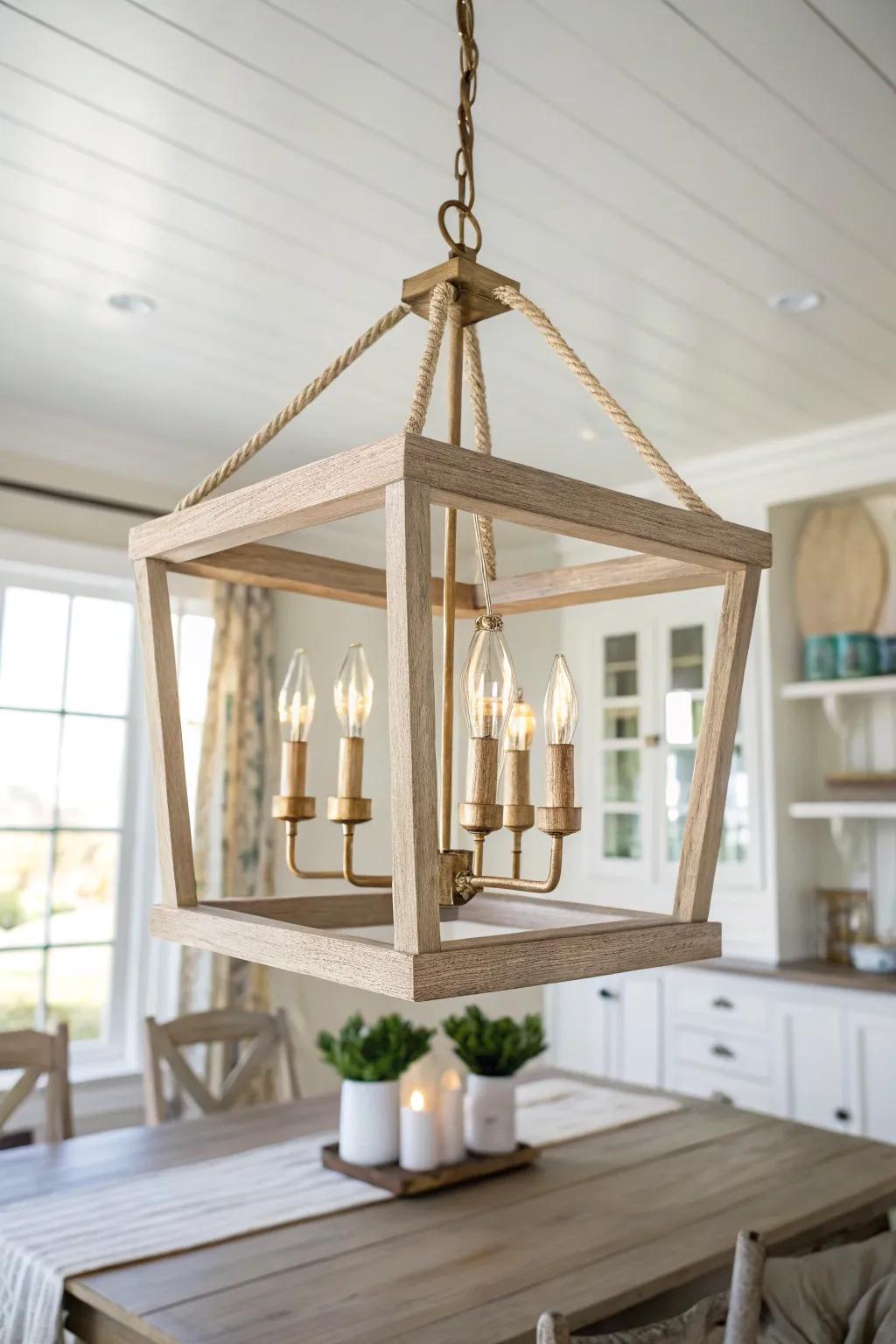 Open-frame lantern chandelier: airy cottage charm with clean lines and warm wood glow.