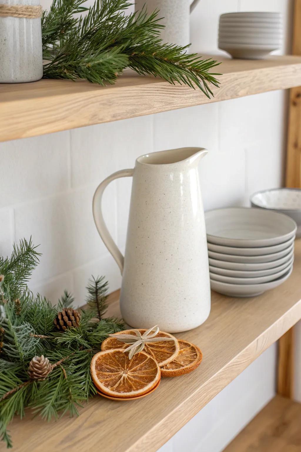 Fresh evergreen sprigs tucked behind plates for a cozy cottage Christmas kitchen shelf.