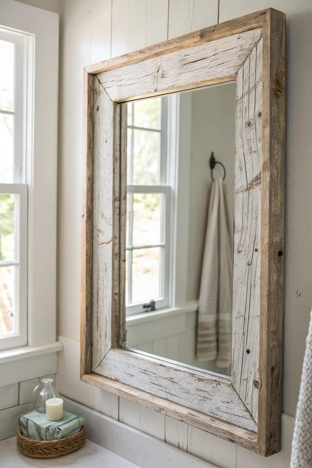 Chunky weathered-wood mirror frame: instant cottagecore charm with a vintage, handmade feel.